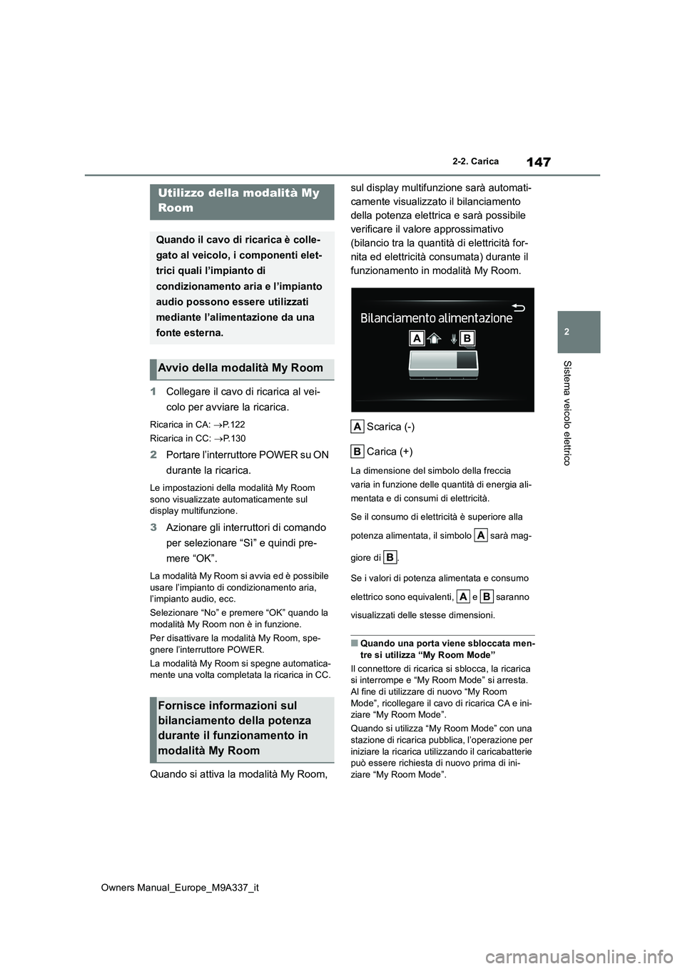 TOYOTA BZ4X 2022  Manuale duso (in Italian) 147
2
Owners Manual_Europe_M9A337_it
2-2. Carica
Sistema veicolo elettrico
1Collegare il cavo di ricarica al vei- 
colo per avviare la ricarica.
Ricarica in CA:  P.122 
Ricarica in CC:  P.130
2P