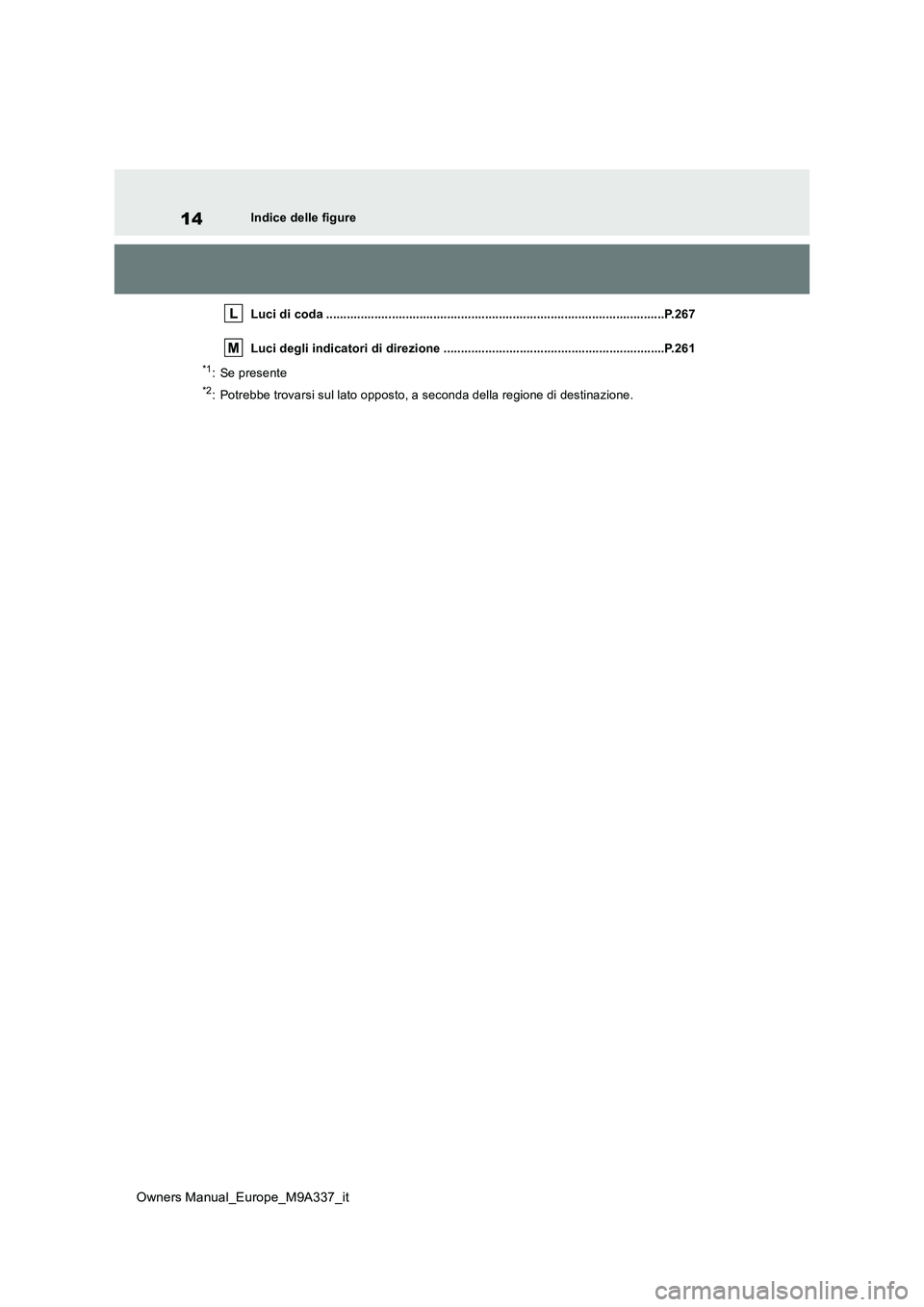 TOYOTA BZ4X 2022 Manuale duso (in Italian) 14
Owners Manual_Europe_M9A337_it
Indice delle figure
Luci di coda ................................................... ...............................................P.267
Luci degli indicatori di d TOYOTA BZ4X 2022 Manuale duso (in Italian) 14
Owners Manual_Europe_M9A337_it
Indice delle figure
Luci di coda ................................................... ...............................................P.267
Luci degli indicatori di d