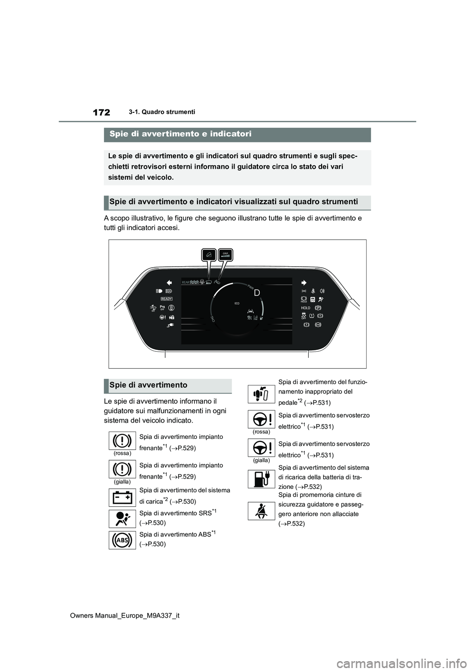 TOYOTA BZ4X 2022 Manuale duso (in Italian) 172
Owners Manual_Europe_M9A337_it
3-1. Quadro strumenti
3-1.Quadro strumenti
A scopo illustrativo, le figure che seguono illustrano tutte le spie di avvertimento e
tutti gli indicatori accesi.
Le TOYOTA BZ4X 2022 Manuale duso (in Italian) 172
Owners Manual_Europe_M9A337_it
3-1. Quadro strumenti
3-1.Quadro strumenti
A scopo illustrativo, le figure che seguono illustrano tutte le spie di avvertimento e
tutti gli indicatori accesi.
Le