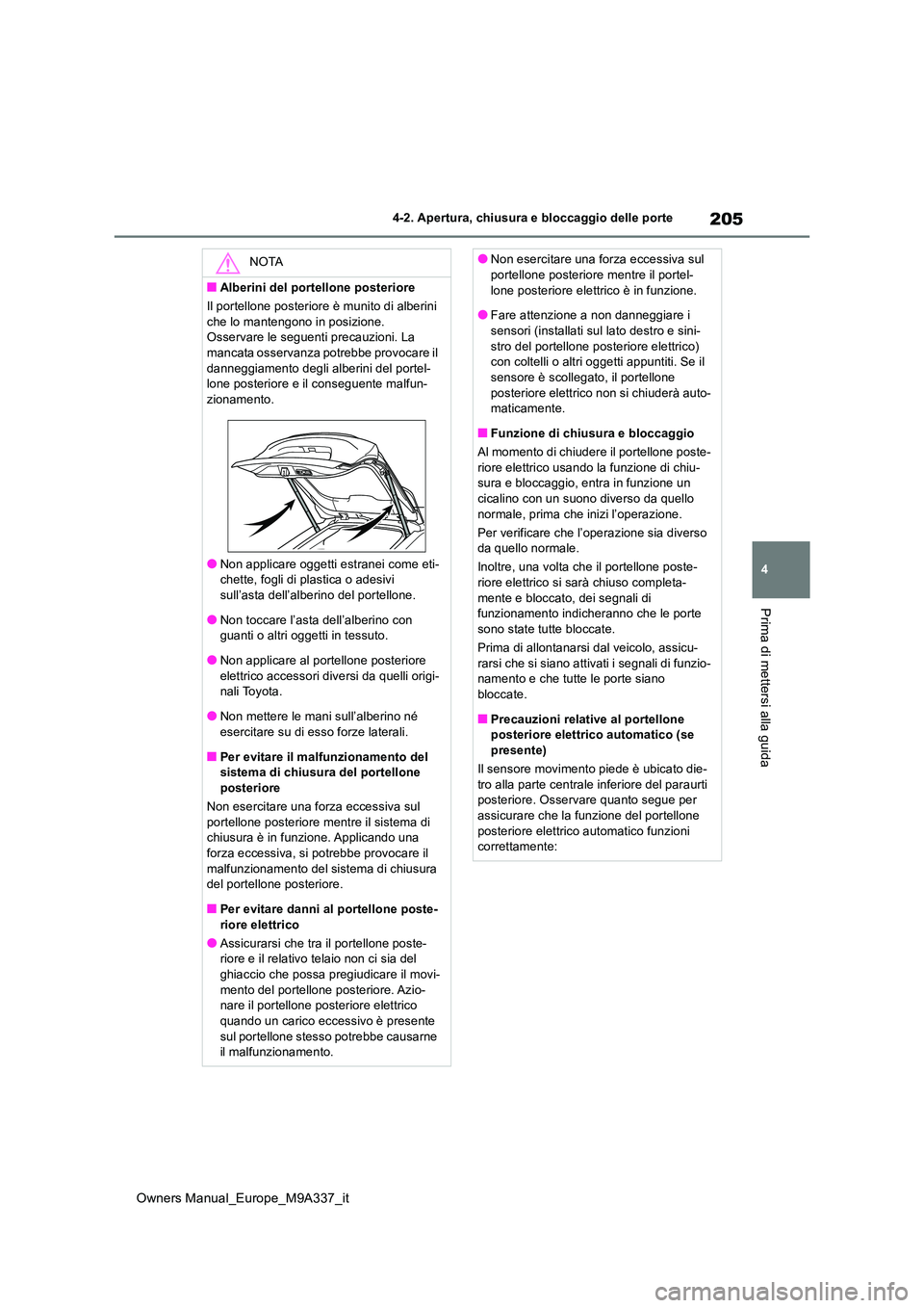 TOYOTA BZ4X 2022 Manuale duso (in Italian) 205
4
Owners Manual_Europe_M9A337_it
4-2. Apertura, chiusura e bloccaggio delle porte
Prima di mettersi alla guida
NOTA
■Alberini del portellone posteriore
Il portellone posteriore è munito di alb TOYOTA BZ4X 2022 Manuale duso (in Italian) 205
4
Owners Manual_Europe_M9A337_it
4-2. Apertura, chiusura e bloccaggio delle porte
Prima di mettersi alla guida
NOTA
■Alberini del portellone posteriore
Il portellone posteriore è munito di alb
