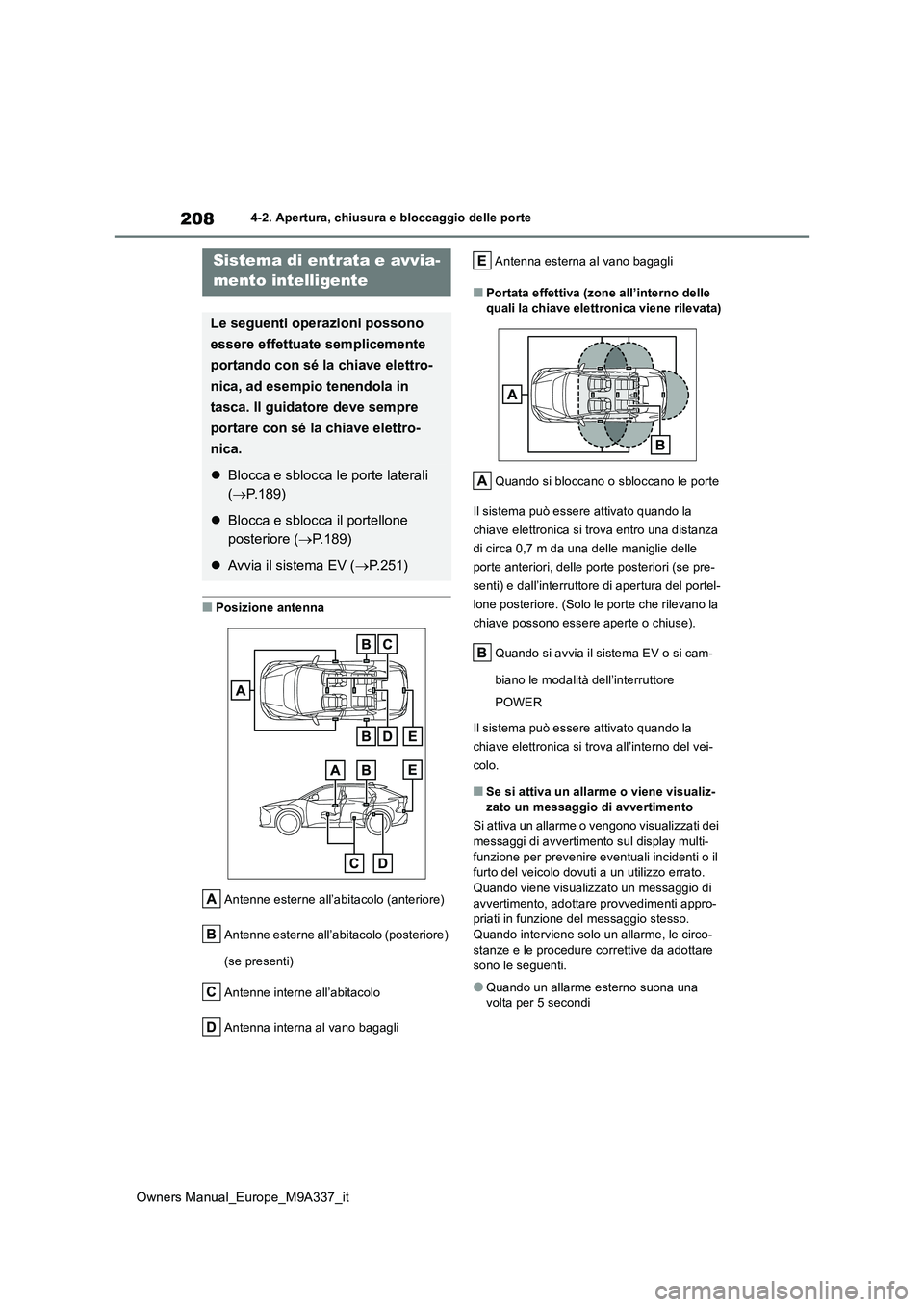 TOYOTA BZ4X 2022 Manuale duso (in Italian) 208
Owners Manual_Europe_M9A337_it
4-2. Apertura, chiusura e bloccaggio delle porte
■Posizione antenna
Antenne esterne all’abitacolo (anteriore)
Antenne esterne all’abitacolo (posteriore)
(s TOYOTA BZ4X 2022 Manuale duso (in Italian) 208
Owners Manual_Europe_M9A337_it
4-2. Apertura, chiusura e bloccaggio delle porte
■Posizione antenna
Antenne esterne all’abitacolo (anteriore)
Antenne esterne all’abitacolo (posteriore)
(s