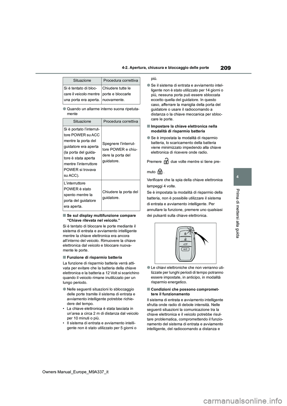 TOYOTA BZ4X 2022 Manuale duso (in Italian) 209
4
Owners Manual_Europe_M9A337_it
4-2. Apertura, chiusura e bloccaggio delle porte
Prima di mettersi alla guida
●Quando un allarme interno suona ripetuta- mente
■Se sul display multifunzione co TOYOTA BZ4X 2022 Manuale duso (in Italian) 209
4
Owners Manual_Europe_M9A337_it
4-2. Apertura, chiusura e bloccaggio delle porte
Prima di mettersi alla guida
●Quando un allarme interno suona ripetuta- mente
■Se sul display multifunzione co