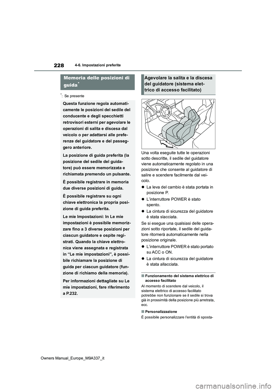 TOYOTA BZ4X 2022  Manuale duso (in Italian) 228
Owners Manual_Europe_M9A337_it
4-6. Impostazioni preferite
4-6.Impo sta zioni preferite
*: Se presente
Una volta eseguite tutte le operazioni  
sotto descritte, il sedile del guidatore 
viene auto