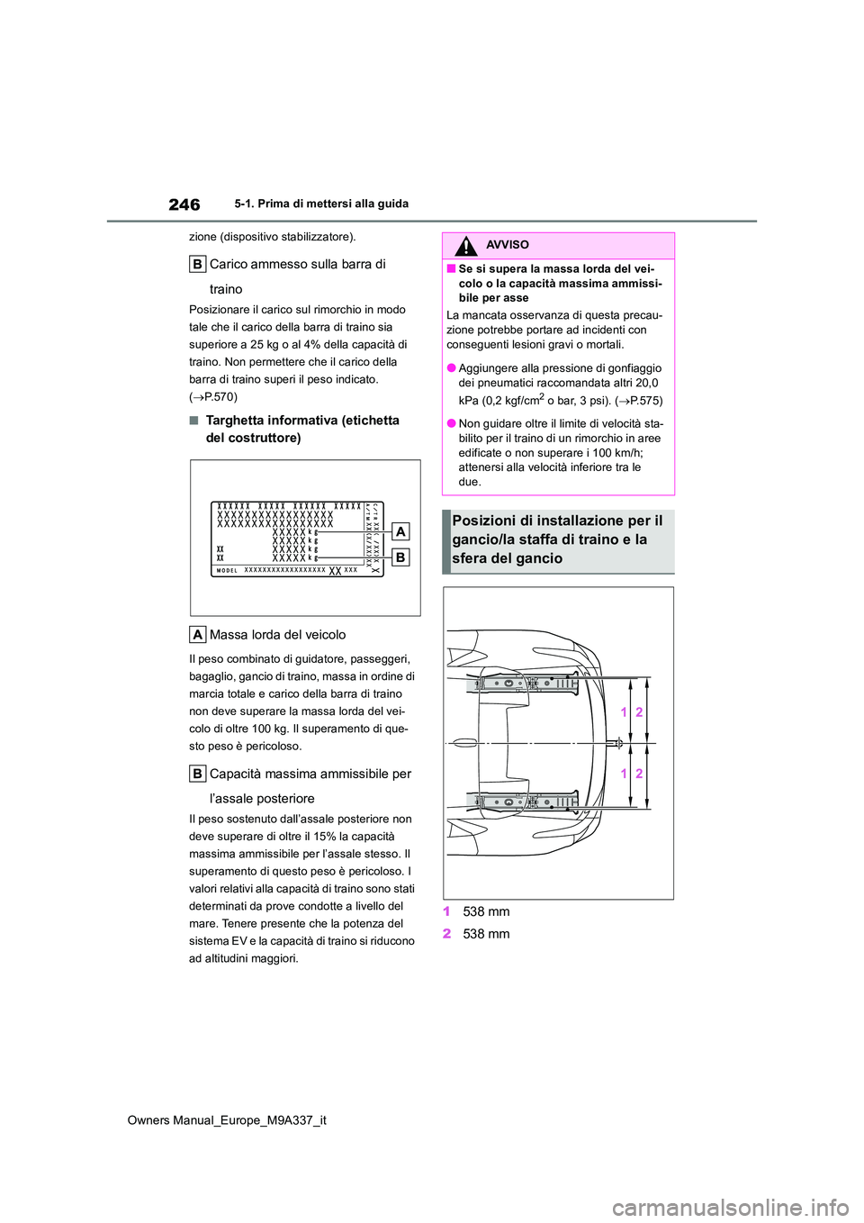 TOYOTA BZ4X 2022  Manuale duso (in Italian) 246
Owners Manual_Europe_M9A337_it
5-1. Prima di mettersi alla guida 
zione (dispositivo stabilizzatore).
Carico ammesso sulla barra di  
traino
Posizionare il carico sul rimorchio in modo  
tale che 