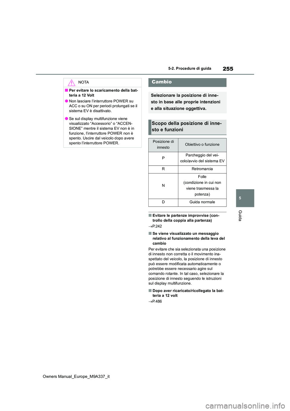 TOYOTA BZ4X 2022 Manuale duso (in Italian) 255
5
Owners Manual_Europe_M9A337_it
5-2. Procedure di guida
Guida
■Evitare le partenze improvvise (con- trollo della coppia alla partenza)
P.242
■Se viene visualizzato un messaggio relativo TOYOTA BZ4X 2022 Manuale duso (in Italian) 255
5
Owners Manual_Europe_M9A337_it
5-2. Procedure di guida
Guida
■Evitare le partenze improvvise (con- trollo della coppia alla partenza)
P.242
■Se viene visualizzato un messaggio relativo