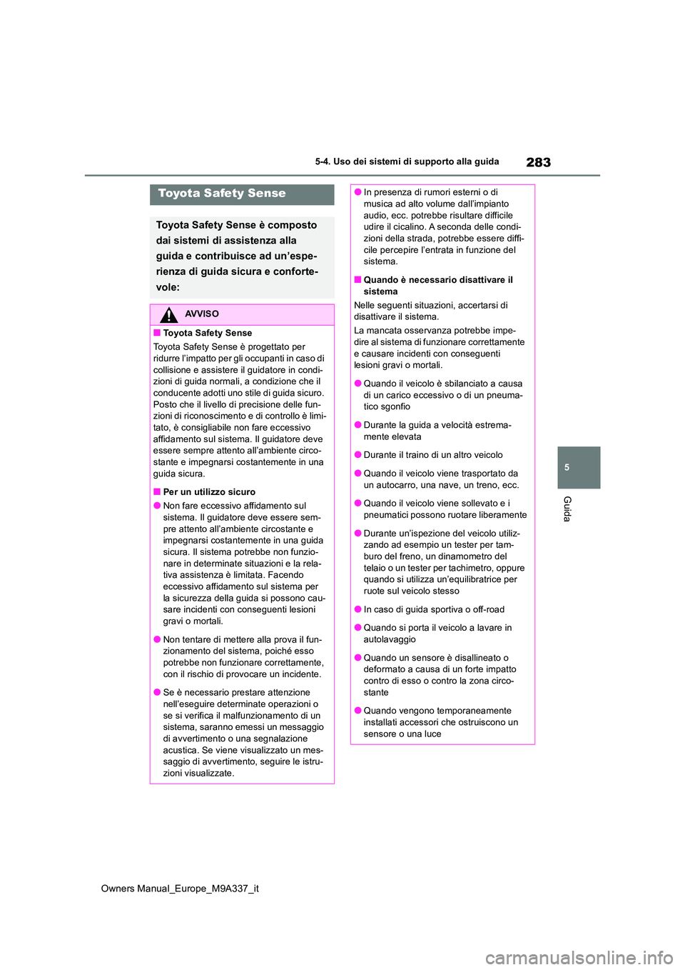 TOYOTA BZ4X 2022 Manuale duso (in Italian) 283
5
Owners Manual_Europe_M9A337_it
5-4. Uso dei sistemi di supporto alla guida
Guida
Toyota Safety Sense
Toyota Safety Sense è composto
dai sistemi di assistenza alla
guida e contribuisce ad un TOYOTA BZ4X 2022 Manuale duso (in Italian) 283
5
Owners Manual_Europe_M9A337_it
5-4. Uso dei sistemi di supporto alla guida
Guida
Toyota Safety Sense
Toyota Safety Sense è composto
dai sistemi di assistenza alla
guida e contribuisce ad un