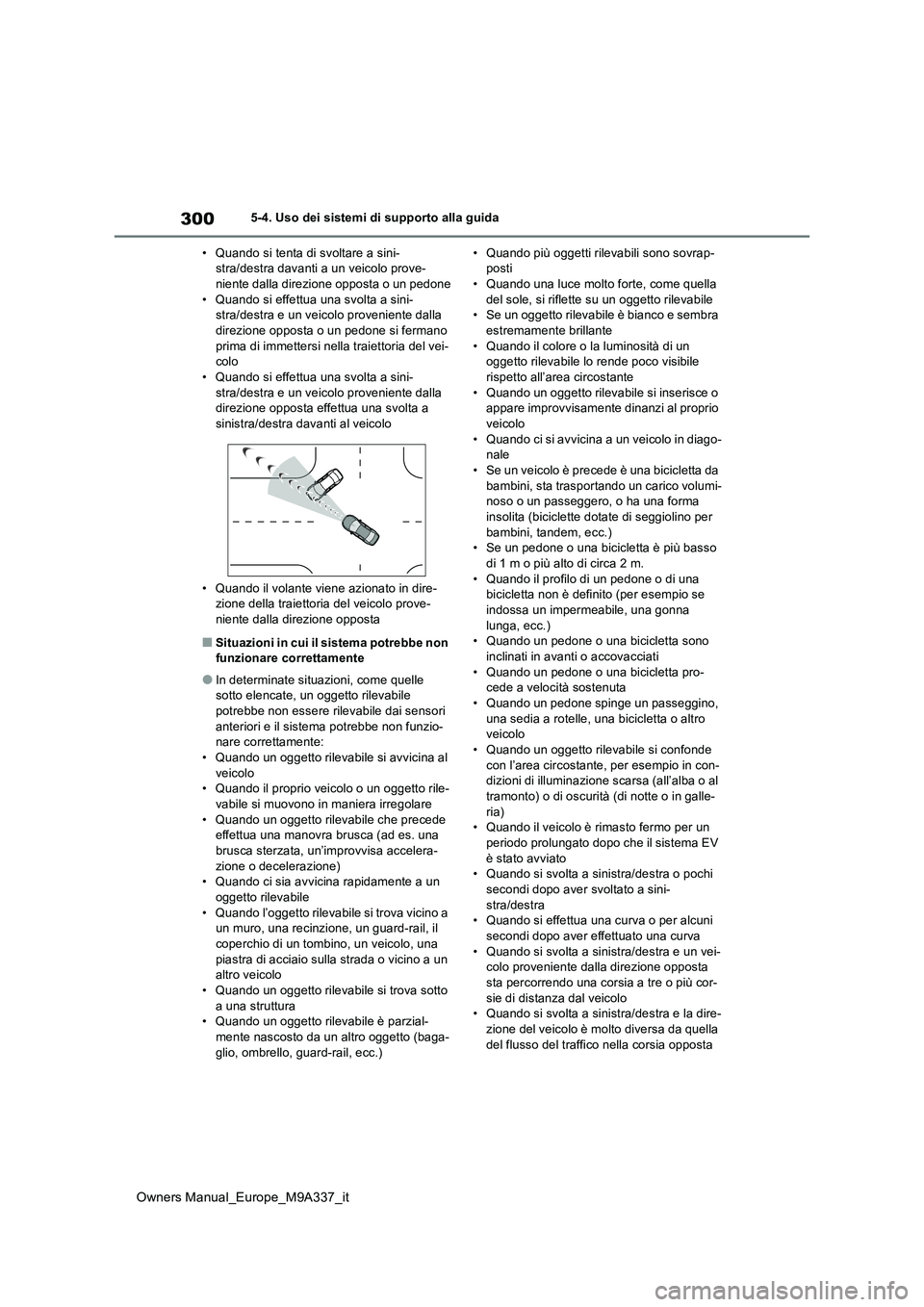 TOYOTA BZ4X 2022  Manuale duso (in Italian) 300
Owners Manual_Europe_M9A337_it
5-4. Uso dei sistemi di supporto alla guida 
• Quando si tenta di svoltare a sini- stra/destra davanti a un veicolo prove-niente dalla direzione opposta o un pedon