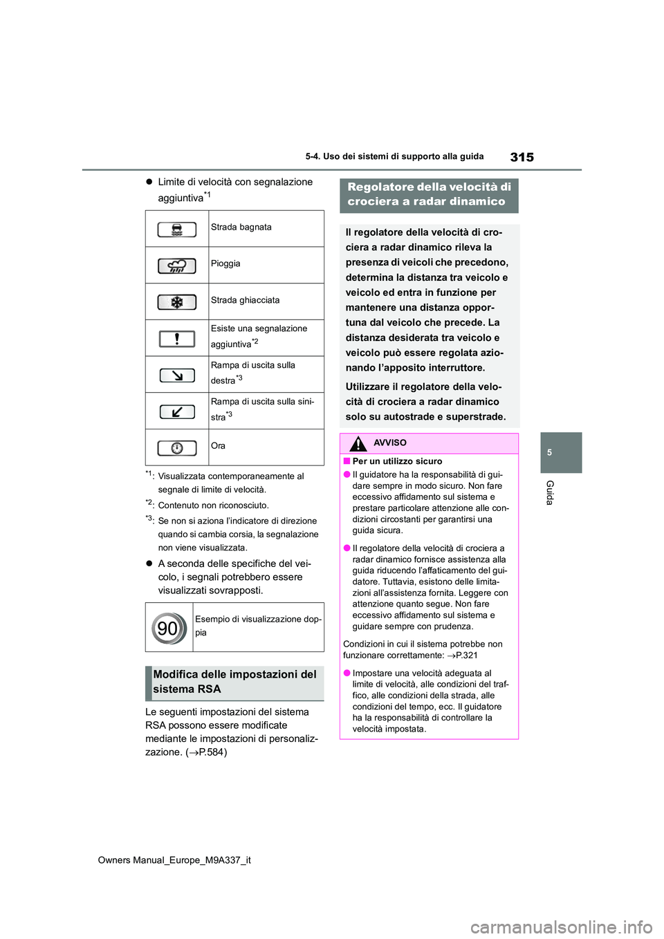 TOYOTA BZ4X 2022  Manuale duso (in Italian) 315
5
Owners Manual_Europe_M9A337_it
5-4. Uso dei sistemi di supporto alla guida
Guida
Limite di velocità con segnalazione  
aggiuntiva*1
*1: Visualizzata contemporaneamente al  
segnale di limite