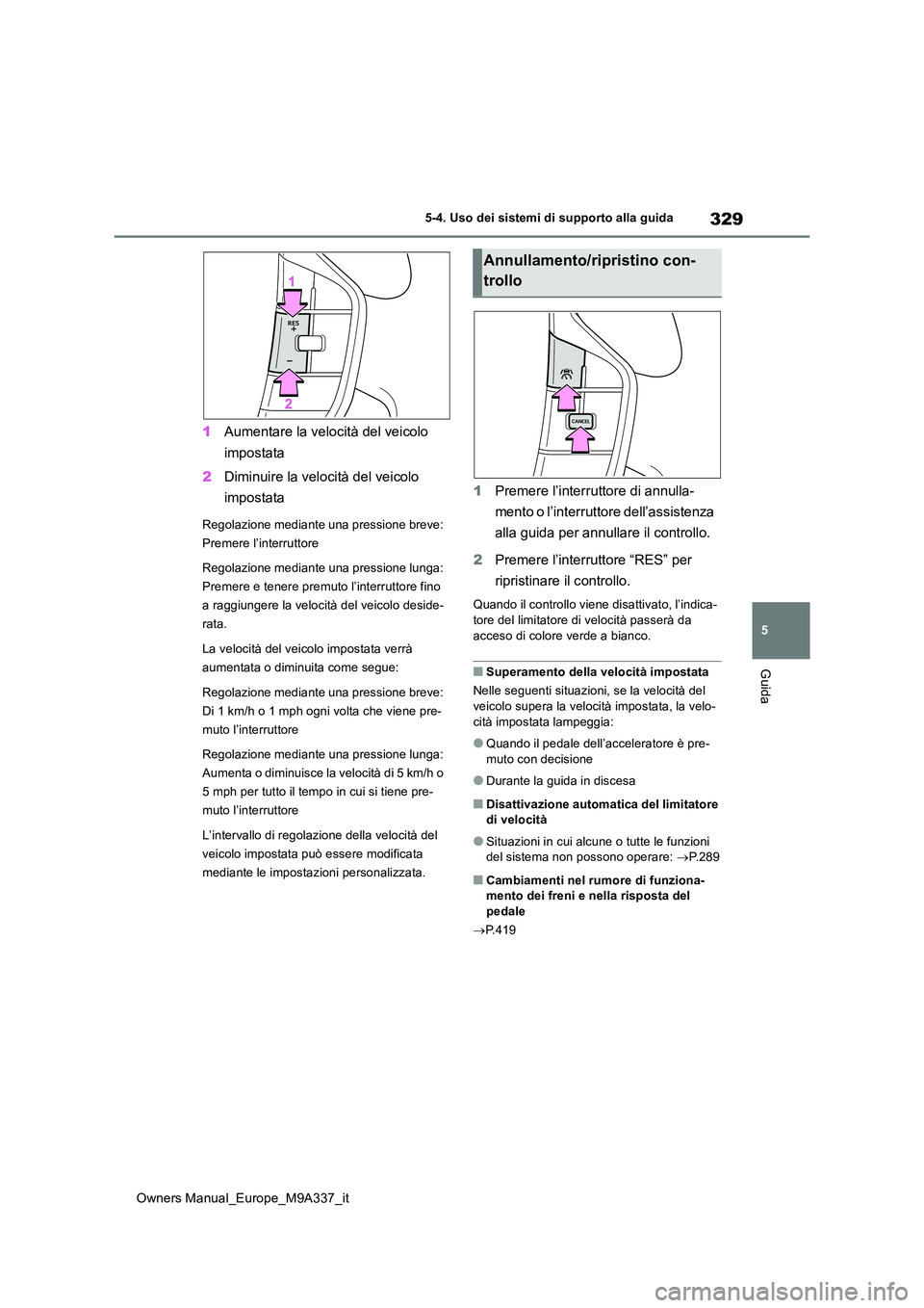 TOYOTA BZ4X 2022 Manuale duso (in Italian) 329
5
Owners Manual_Europe_M9A337_it
5-4. Uso dei sistemi di supporto alla guida
Guida
1Aumentare la velocità del veicolo
impostata
2 Diminuire la velocità del veicolo
impostata
Regolazione med TOYOTA BZ4X 2022 Manuale duso (in Italian) 329
5
Owners Manual_Europe_M9A337_it
5-4. Uso dei sistemi di supporto alla guida
Guida
1Aumentare la velocità del veicolo
impostata
2 Diminuire la velocità del veicolo
impostata
Regolazione med