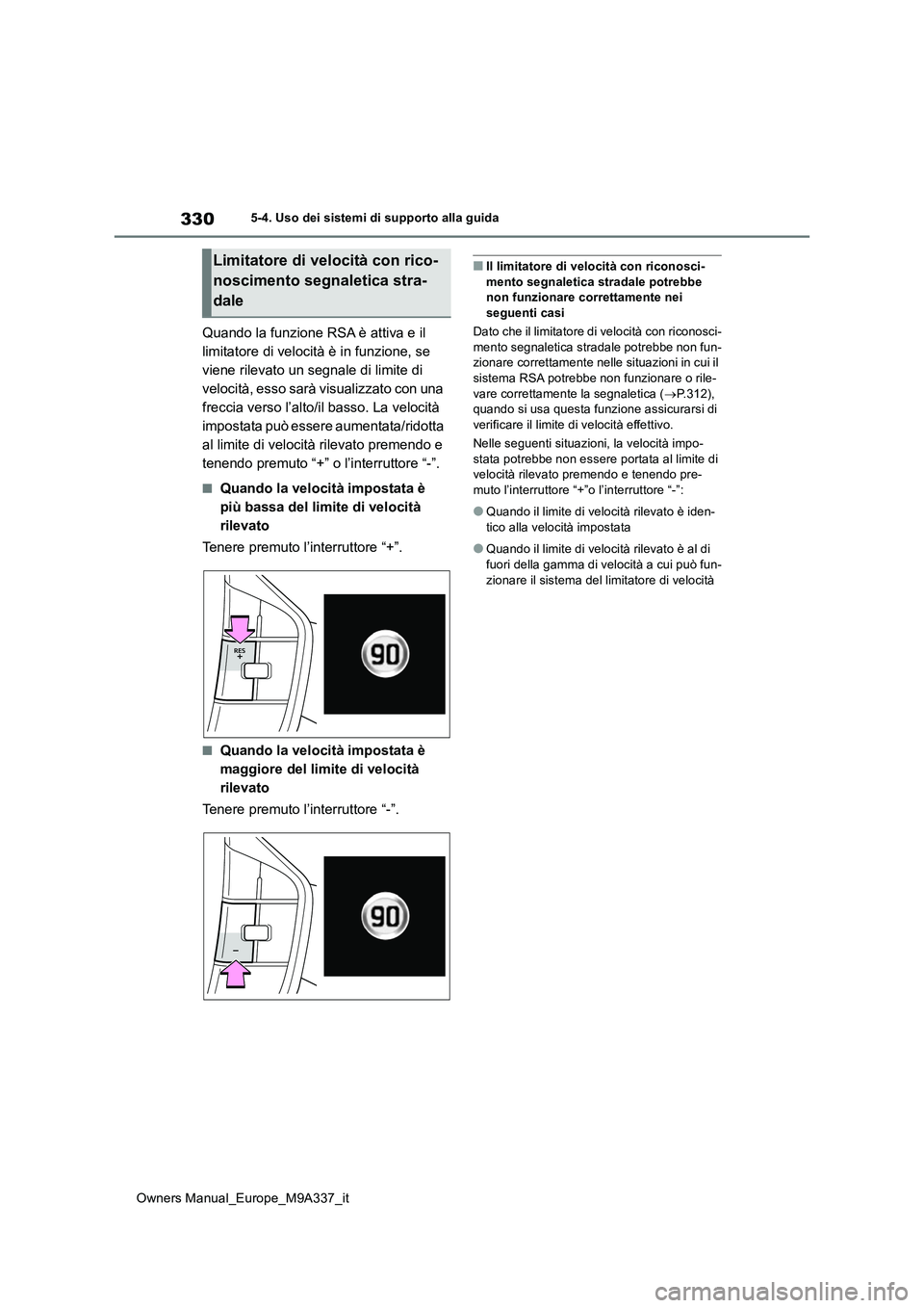 TOYOTA BZ4X 2022 Manuale duso (in Italian) 330
Owners Manual_Europe_M9A337_it
5-4. Uso dei sistemi di supporto alla guida
Quando la funzione RSA è attiva e il
limitatore di velocità è in funzione, se
viene rilevato un segnale di limite d TOYOTA BZ4X 2022 Manuale duso (in Italian) 330
Owners Manual_Europe_M9A337_it
5-4. Uso dei sistemi di supporto alla guida
Quando la funzione RSA è attiva e il
limitatore di velocità è in funzione, se
viene rilevato un segnale di limite d
