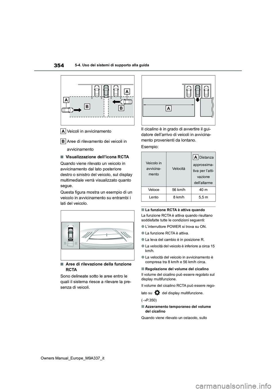 TOYOTA BZ4X 2022 Manuale duso (in Italian) 354
Owners Manual_Europe_M9A337_it
5-4. Uso dei sistemi di supporto alla guida
Veicoli in avvicinamento
Aree di rilevamento dei veicoli in
avvicinamento
■Visualizzazione dell’icona RCTA
Quando TOYOTA BZ4X 2022 Manuale duso (in Italian) 354
Owners Manual_Europe_M9A337_it
5-4. Uso dei sistemi di supporto alla guida
Veicoli in avvicinamento
Aree di rilevamento dei veicoli in
avvicinamento
■Visualizzazione dell’icona RCTA
Quando