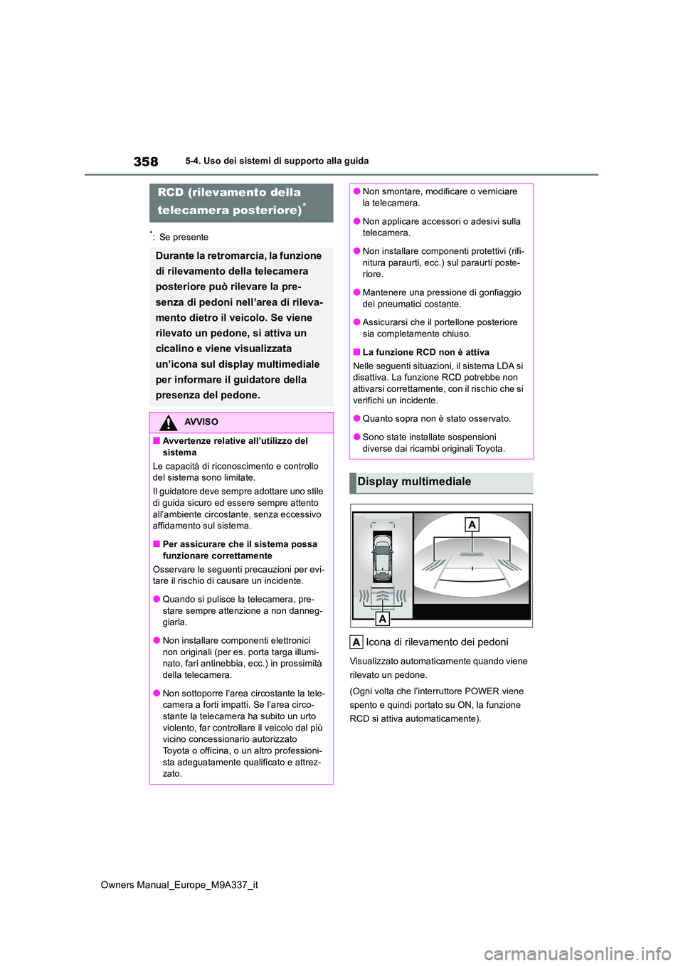 TOYOTA BZ4X 2022 Manuale duso (in Italian) 358
Owners Manual_Europe_M9A337_it
5-4. Uso dei sistemi di supporto alla guida
*: Se presente
Icona di rilevamento dei pedoni
Visualizzato automaticamente quando viene
rilevato un pedone.
(Ogni vol TOYOTA BZ4X 2022 Manuale duso (in Italian) 358
Owners Manual_Europe_M9A337_it
5-4. Uso dei sistemi di supporto alla guida
*: Se presente
Icona di rilevamento dei pedoni
Visualizzato automaticamente quando viene
rilevato un pedone.
(Ogni vol