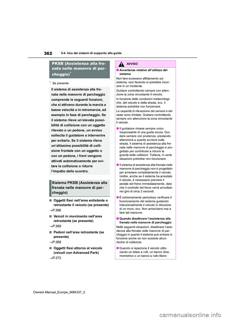 TOYOTA BZ4X 2022 Manuale duso (in Italian) 362
Owners Manual_Europe_M9A337_it
5-4. Uso dei sistemi di supporto alla guida
*: Se presente
■Oggetti fissi nell’area antistante o
retrostante il veicolo (se presente)
P. 3 6 6
■Veicoli TOYOTA BZ4X 2022 Manuale duso (in Italian) 362
Owners Manual_Europe_M9A337_it
5-4. Uso dei sistemi di supporto alla guida
*: Se presente
■Oggetti fissi nell’area antistante o
retrostante il veicolo (se presente)
P. 3 6 6
■Veicoli