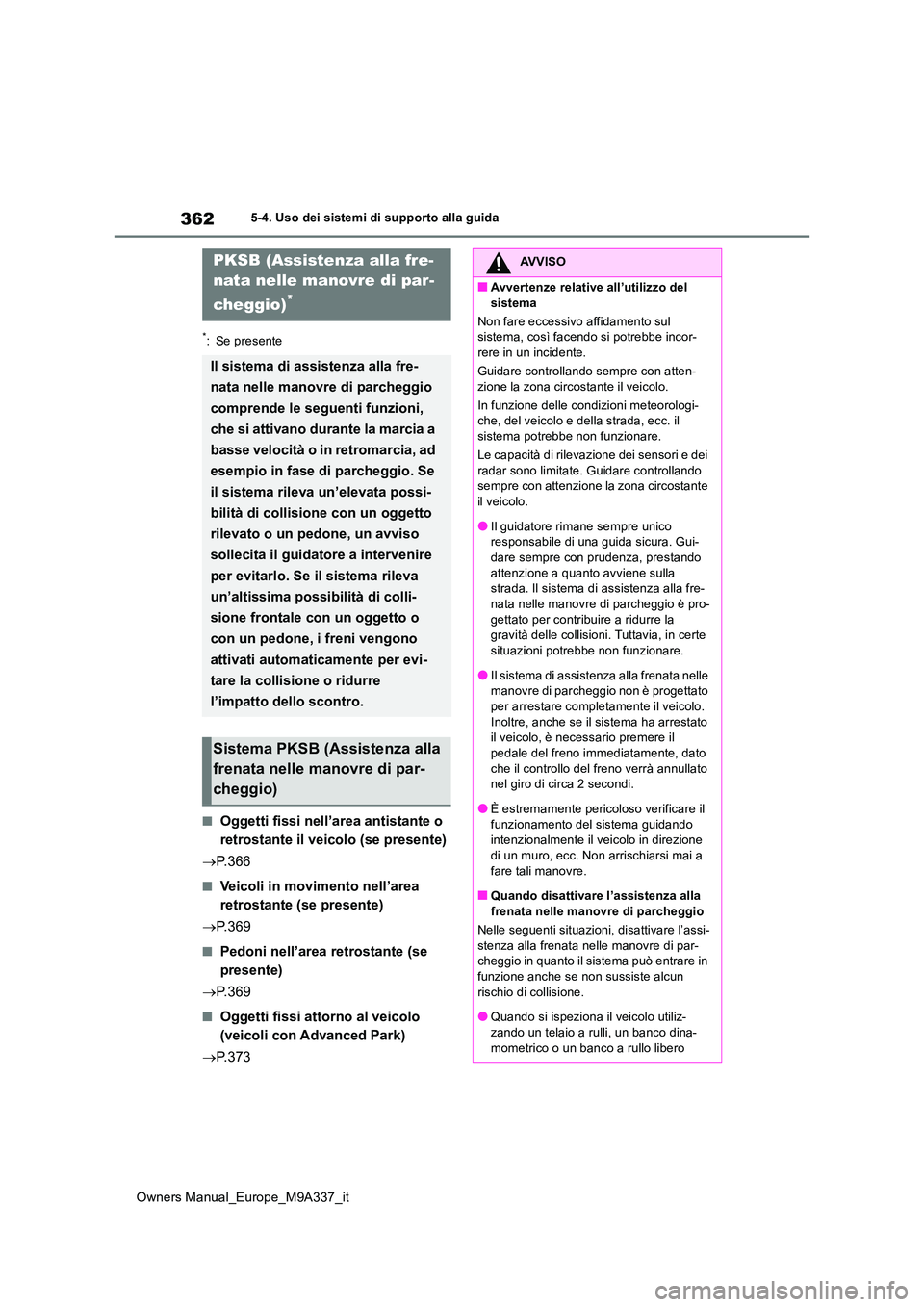 TOYOTA BZ4X 2022  Manuale duso (in Italian) 362
Owners Manual_Europe_M9A337_it
5-4. Uso dei sistemi di supporto alla guida
*: Se presente
■Oggetti fissi nell’area antistante o  
retrostante il veicolo (se presente) 
 P. 3 6 6
■Veicoli 