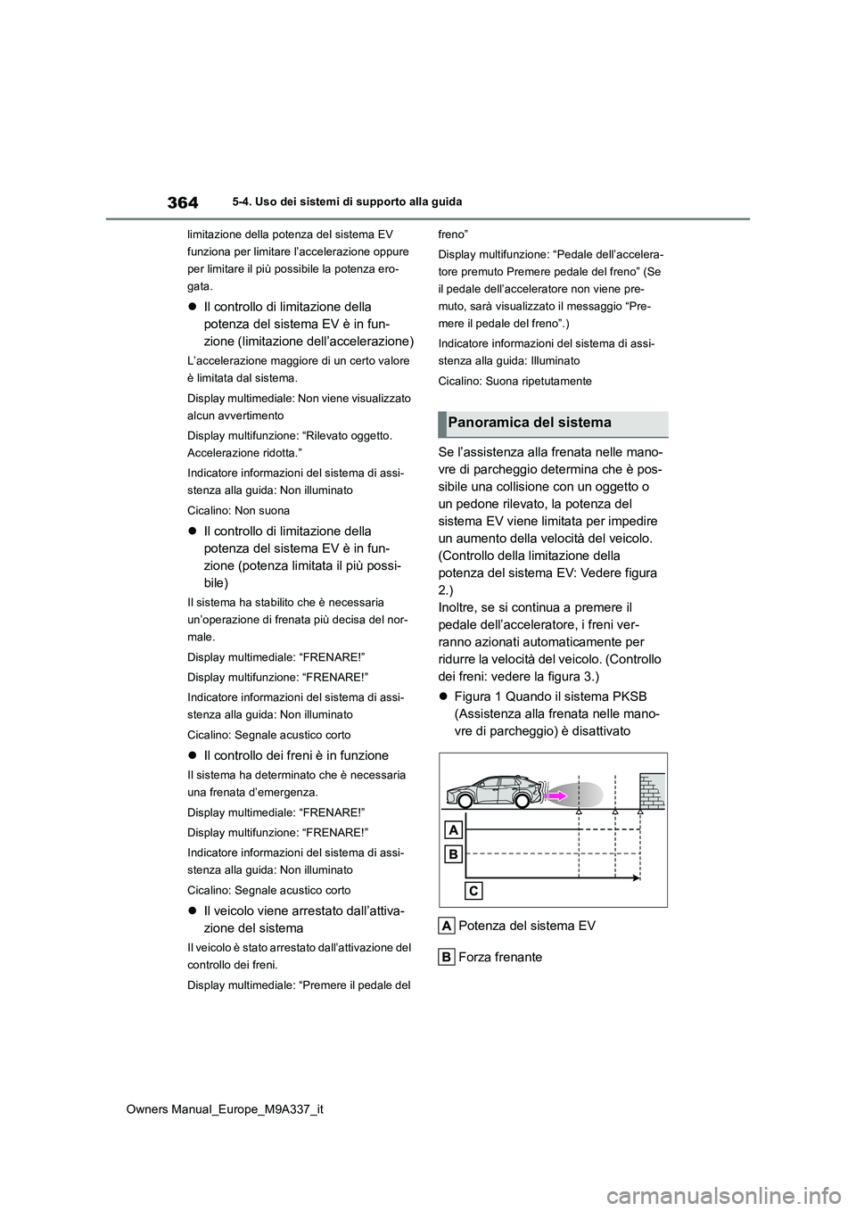 TOYOTA BZ4X 2022 Manuale duso (in Italian) 364
Owners Manual_Europe_M9A337_it
5-4. Uso dei sistemi di supporto alla guida
limitazione della potenza del sistema EV
funziona per limitare l’accelerazione oppure
per limitare il più possibil TOYOTA BZ4X 2022 Manuale duso (in Italian) 364
Owners Manual_Europe_M9A337_it
5-4. Uso dei sistemi di supporto alla guida
limitazione della potenza del sistema EV
funziona per limitare l’accelerazione oppure
per limitare il più possibil