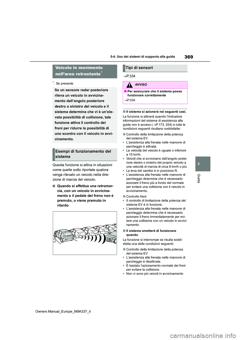 TOYOTA BZ4X 2022 Manuale duso (in Italian) 369
5
Owners Manual_Europe_M9A337_it
5-4. Uso dei sistemi di supporto alla guida
Guida
*: Se presente
Questa funzione si attiva in situazioni
come quelle sotto riportate qualora
venga rilevato un v TOYOTA BZ4X 2022 Manuale duso (in Italian) 369
5
Owners Manual_Europe_M9A337_it
5-4. Uso dei sistemi di supporto alla guida
Guida
*: Se presente
Questa funzione si attiva in situazioni
come quelle sotto riportate qualora
venga rilevato un v