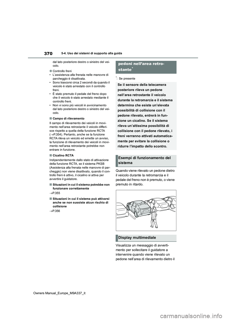 TOYOTA BZ4X 2022 Manuale duso (in Italian) 370
Owners Manual_Europe_M9A337_it
5-4. Uso dei sistemi di supporto alla guida
dal lato posteriore destro o sinistro del vei- colo.
●Controllo freni• L’assistenza alla frenata nelle manovre di TOYOTA BZ4X 2022 Manuale duso (in Italian) 370
Owners Manual_Europe_M9A337_it
5-4. Uso dei sistemi di supporto alla guida
dal lato posteriore destro o sinistro del vei- colo.
●Controllo freni• L’assistenza alla frenata nelle manovre di