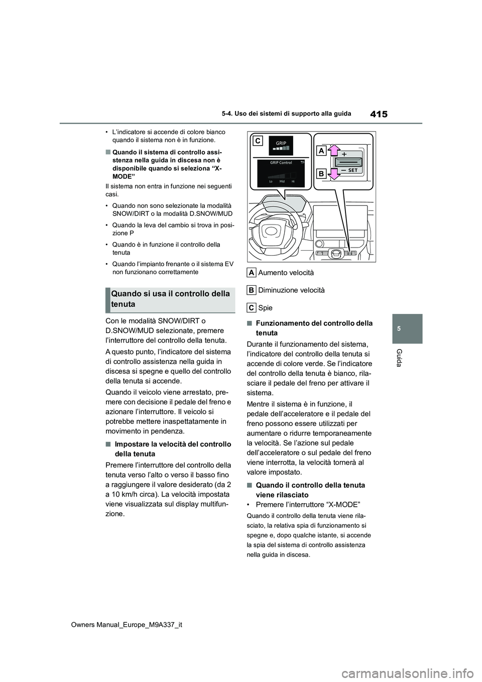 TOYOTA BZ4X 2022 Manuale duso (in Italian) 415
5
Owners Manual_Europe_M9A337_it
5-4. Uso dei sistemi di supporto alla guida
Guida
• L’indicatore si accende di colore bianco quando il sistema non è in funzione.
■Quando il sistema di con TOYOTA BZ4X 2022 Manuale duso (in Italian) 415
5
Owners Manual_Europe_M9A337_it
5-4. Uso dei sistemi di supporto alla guida
Guida
• L’indicatore si accende di colore bianco quando il sistema non è in funzione.
■Quando il sistema di con