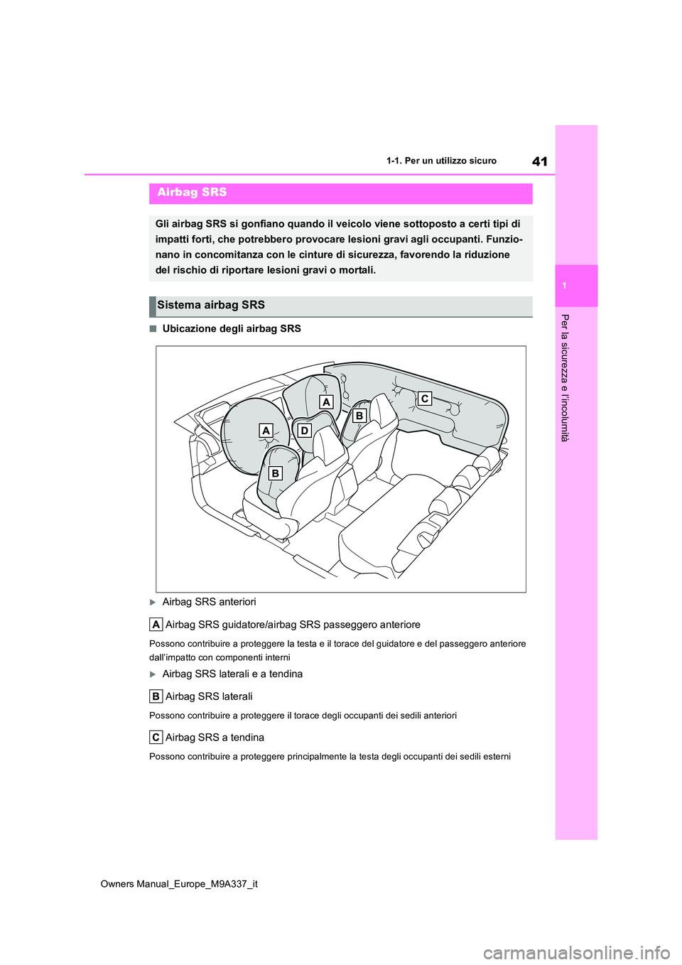 TOYOTA BZ4X 2022 Manuale duso (in Italian) 41
1
Owners Manual_Europe_M9A337_it
1-1. Per un utilizzo sicuro
Per la sicurezza e l’incolumità
■Ubicazione degli airbag SRS
Airbag SRS anteriori
Airbag SRS guidatore/airbag SRS passeggero an TOYOTA BZ4X 2022 Manuale duso (in Italian) 41
1
Owners Manual_Europe_M9A337_it
1-1. Per un utilizzo sicuro
Per la sicurezza e l’incolumità
■Ubicazione degli airbag SRS
Airbag SRS anteriori
Airbag SRS guidatore/airbag SRS passeggero an