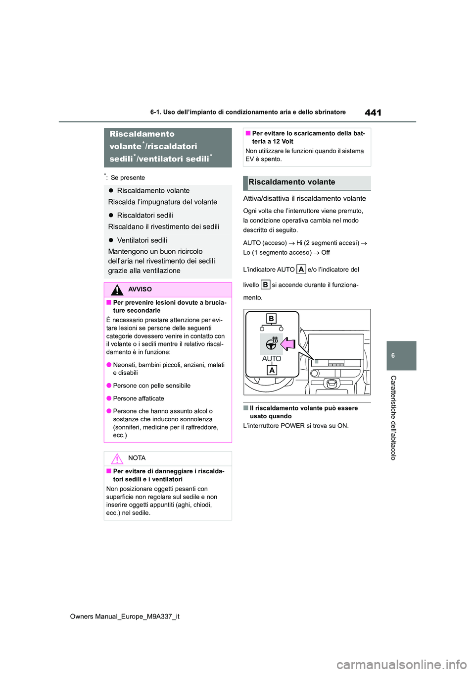 TOYOTA BZ4X 2022  Manuale duso (in Italian) 441
6
Owners Manual_Europe_M9A337_it
6-1. Uso dell’impianto di condizionamento aria e dello sbrinatore
Caratteristiche dell’abitacolo
*: Se presente
Attiva/disattiva il riscaldamento volante
Ogni 