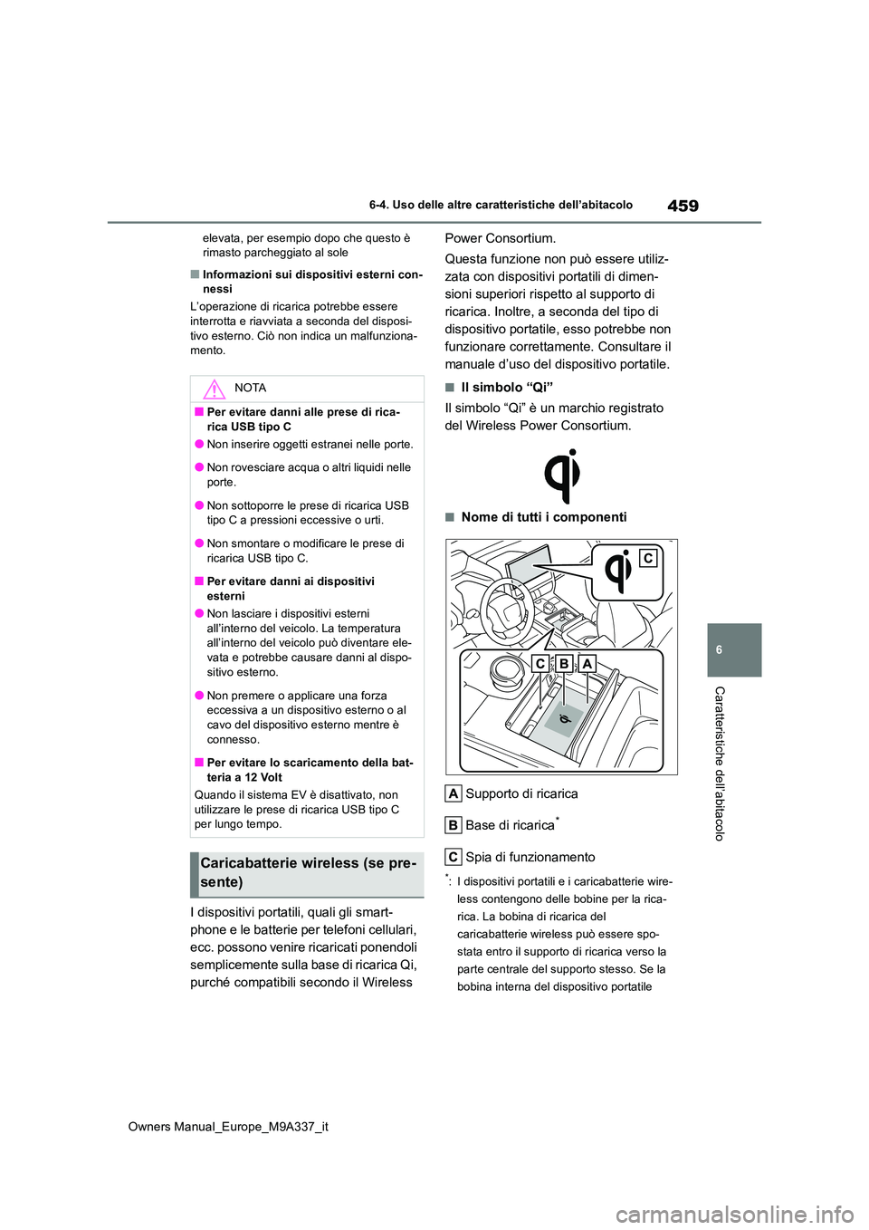 TOYOTA BZ4X 2022  Manuale duso (in Italian) 459
6
Owners Manual_Europe_M9A337_it
6-4. Uso delle altre caratteristiche dell’abitacolo
Caratteristiche dell’abitacolo
elevata, per esempio dopo che questo è  rimasto parcheggiato al sole
■Inf