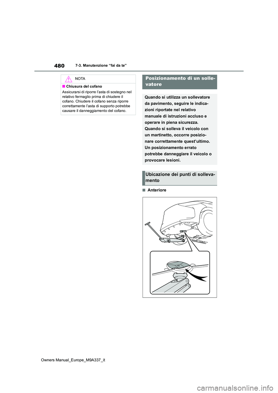 TOYOTA BZ4X 2022  Manuale duso (in Italian) 480
Owners Manual_Europe_M9A337_it
7-3. Manutenzione “fai da te”
■Anteriore
NOTA
■Chiusura del cofano 
Assicurarsi di riporre l’asta di sostegno nel  
relativo fermaglio prima di chiudere il