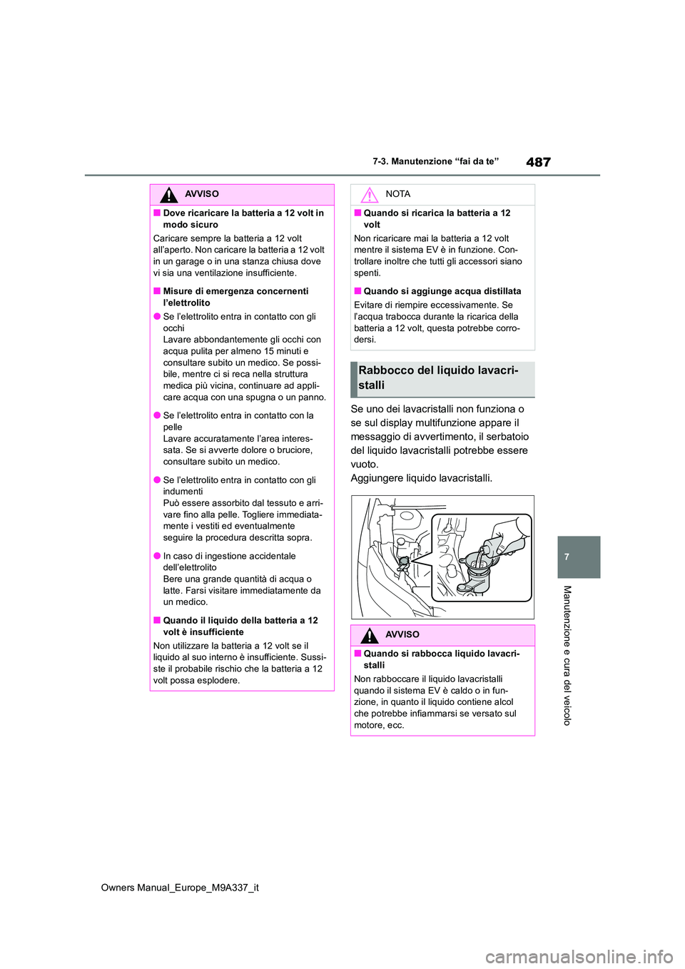 TOYOTA BZ4X 2022  Manuale duso (in Italian) 487
7
Owners Manual_Europe_M9A337_it
7-3. Manutenzione “fai da te”
Manutenzione e cura del veicolo
Se uno dei lavacristalli non funziona o  
se sul display multifunzione appare il 
messaggio di av