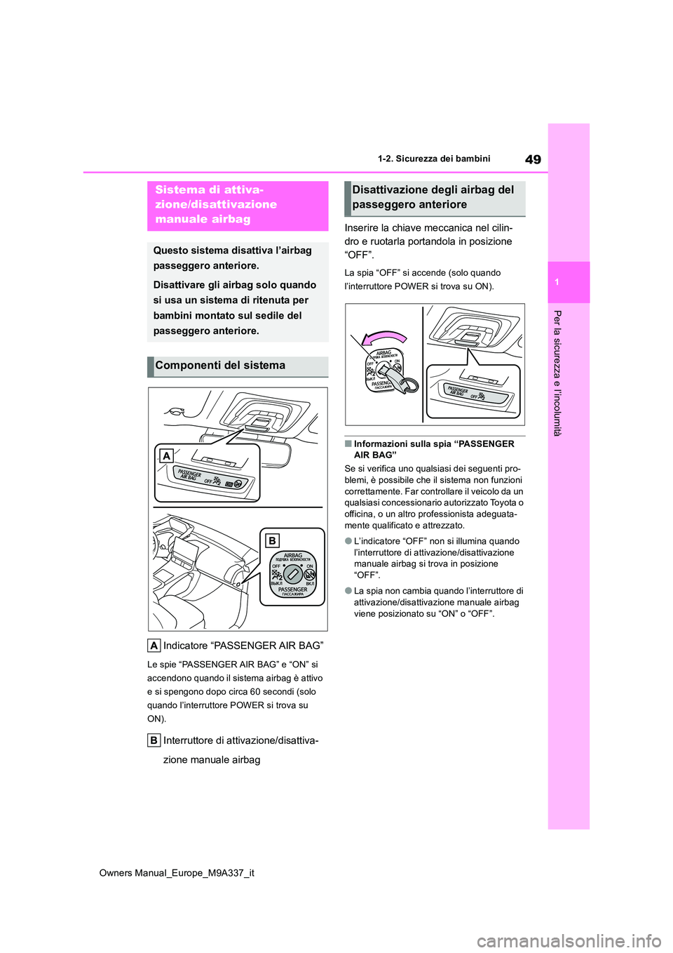 TOYOTA BZ4X 2022 Manuale duso (in Italian) 49
1
Owners Manual_Europe_M9A337_it
1-2. Sicurezza dei bambini
Per la sicurezza e l’incolumità
1-2.Sicure zza de i bambini
Indicatore “PASSENGER AIR BAG”
Le spie “PASSENGER AIR BAG” e “O TOYOTA BZ4X 2022 Manuale duso (in Italian) 49
1
Owners Manual_Europe_M9A337_it
1-2. Sicurezza dei bambini
Per la sicurezza e l’incolumità
1-2.Sicure zza de i bambini
Indicatore “PASSENGER AIR BAG”
Le spie “PASSENGER AIR BAG” e “O