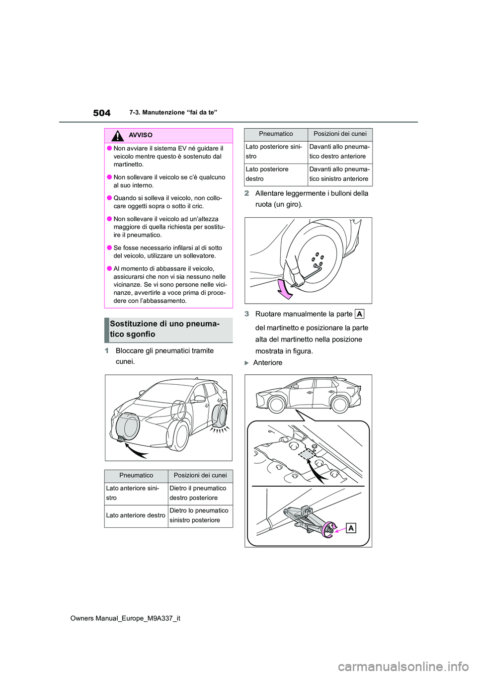 TOYOTA BZ4X 2022  Manuale duso (in Italian) 504
Owners Manual_Europe_M9A337_it
7-3. Manutenzione “fai da te”
1Bloccare gli pneumatici tramite  
cunei. 
2 Allentare leggermente i bulloni della  
ruota (un giro). 
3 Ruotare manualmente la par