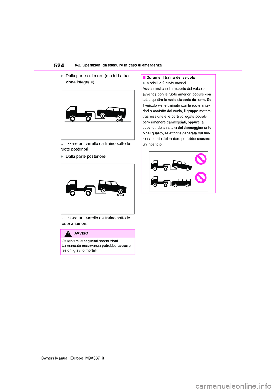 TOYOTA BZ4X 2022  Manuale duso (in Italian) 524
Owners Manual_Europe_M9A337_it
8-2. Operazioni da eseguire in caso di emergenza
Dalla parte anteriore (modelli a tra- 
zione integrale) 
Utilizzare un carrello da traino sotto le  
ruote poster