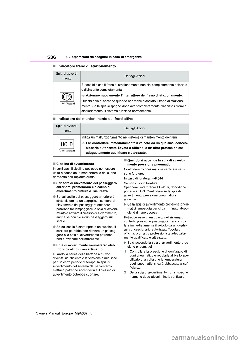 TOYOTA BZ4X 2022  Manuale duso (in Italian) 536
Owners Manual_Europe_M9A337_it
8-2. Operazioni da eseguire in caso di emergenza
■Indicatore freno di stazionamento
■Indicatore del mantenimento dei freni attivo
■Cicalino di avvertimento 
In
