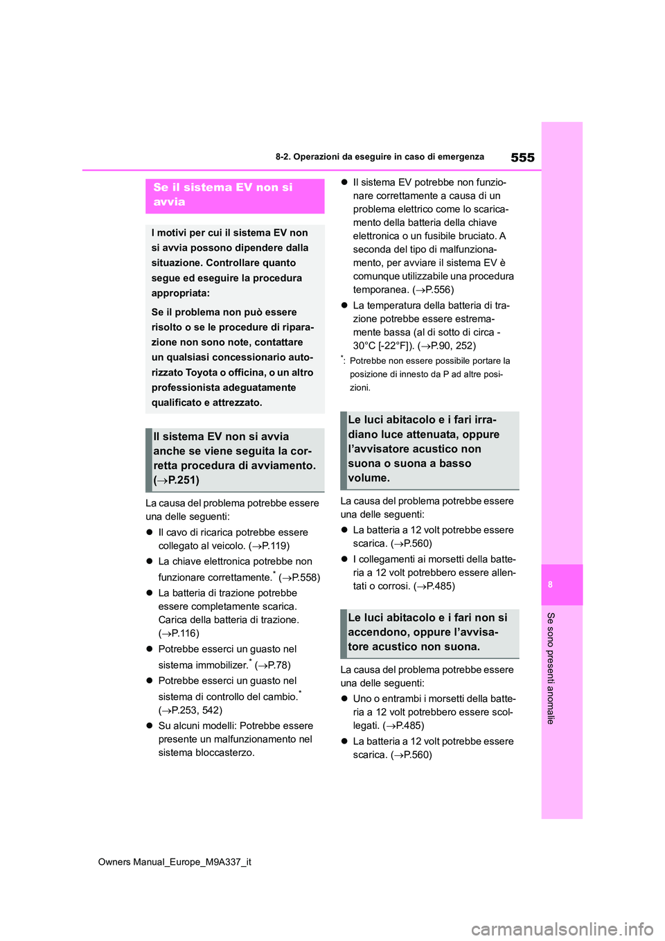 TOYOTA BZ4X 2022  Manuale duso (in Italian) 555
8
Owners Manual_Europe_M9A337_it
8-2. Operazioni da eseguire in caso di emergenza
Se sono presenti anomalie
La causa del problema potrebbe essere  
una delle seguenti: 
 Il cavo di ricarica pot