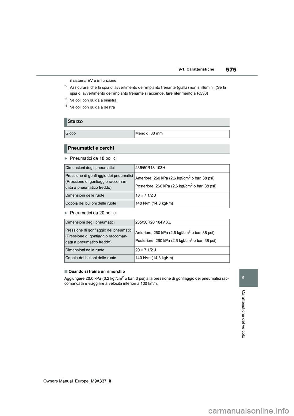 TOYOTA BZ4X 2022 Manuale duso (in Italian) 575
9
Owners Manual_Europe_M9A337_it
9-1. Caratteristiche
Caratteristiche del veicolo
il sistema EV è in funzione.
*2: Assicurarsi che la spia di avvertimento dell’impianto frenante (gialla) non si TOYOTA BZ4X 2022 Manuale duso (in Italian) 575
9
Owners Manual_Europe_M9A337_it
9-1. Caratteristiche
Caratteristiche del veicolo
il sistema EV è in funzione.
*2: Assicurarsi che la spia di avvertimento dell’impianto frenante (gialla) non si