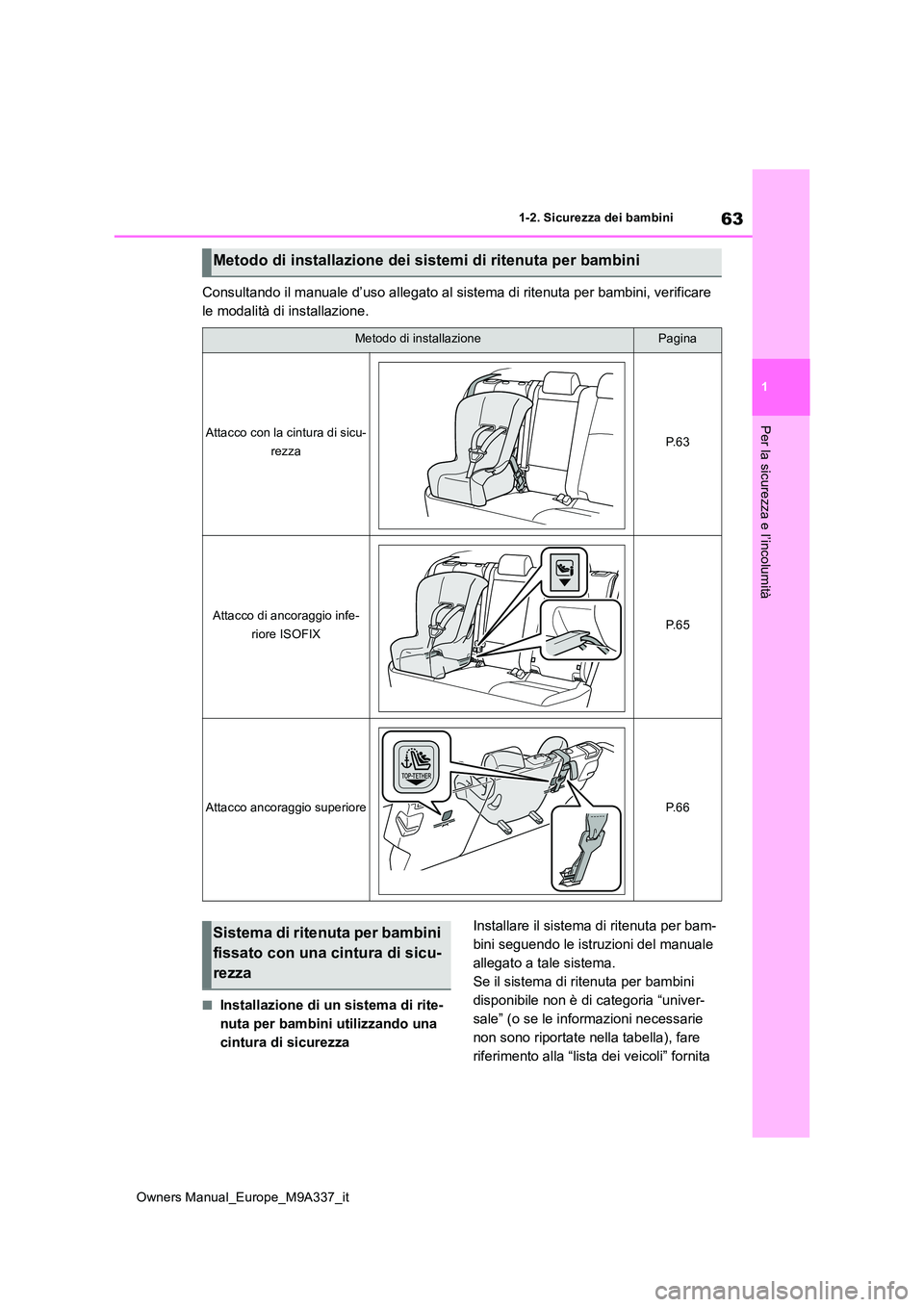 TOYOTA BZ4X 2022 Manuale duso (in Italian) 63
1
Owners Manual_Europe_M9A337_it
1-2. Sicurezza dei bambini
Per la sicurezza e l’incolumità
Consultando il manuale d’uso allegato al sistema di ritenuta per bambini, verificare
le modalità TOYOTA BZ4X 2022 Manuale duso (in Italian) 63
1
Owners Manual_Europe_M9A337_it
1-2. Sicurezza dei bambini
Per la sicurezza e l’incolumità
Consultando il manuale d’uso allegato al sistema di ritenuta per bambini, verificare
le modalità