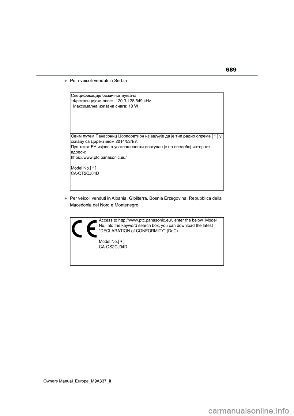 TOYOTA BZ4X 2022 Manuale duso (in Italian) 689
Owners Manual_Europe_M9A337_it
Per i veicoli venduti in Serbia
Per veicoli venduti in Albania, Gibilterra, Bosnia Erzegovina, Repubblica della
Macedonia del Nord e Montenegro TOYOTA BZ4X 2022 Manuale duso (in Italian) 689
Owners Manual_Europe_M9A337_it
Per i veicoli venduti in Serbia
Per veicoli venduti in Albania, Gibilterra, Bosnia Erzegovina, Repubblica della
Macedonia del Nord e Montenegro