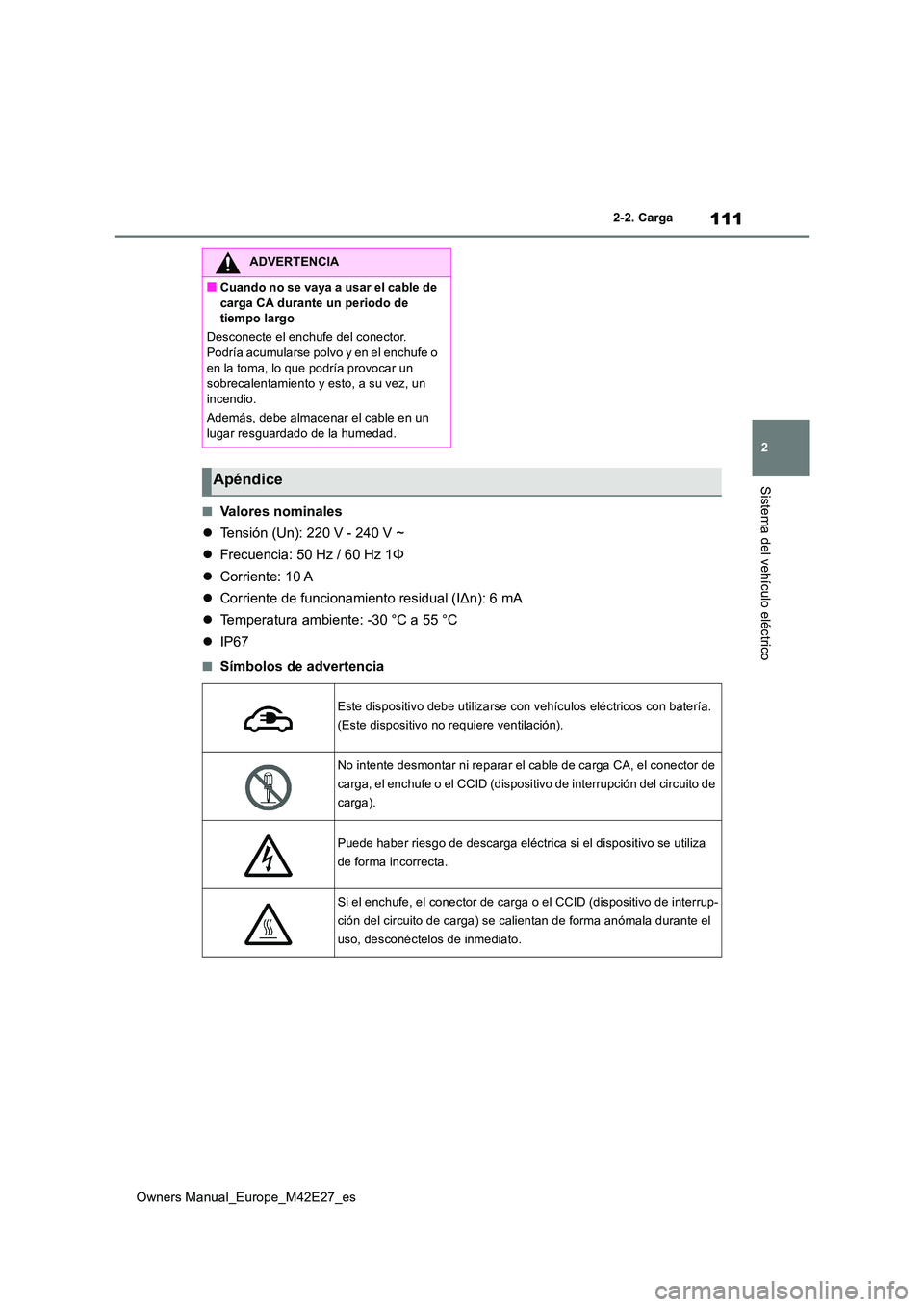 TOYOTA BZ4X 2022  Manuale de Empleo (in Spanish) 111
2
Owners Manual_Europe_M42E27_es
2-2. Carga
Sistema del vehículo eléctrico
■Valores nominales 
 Tensión (Un): 220 V - 240 V ~ 
 Frecuencia: 50 Hz / 60 Hz 1Φ 
 Corriente: 10 A 
 C