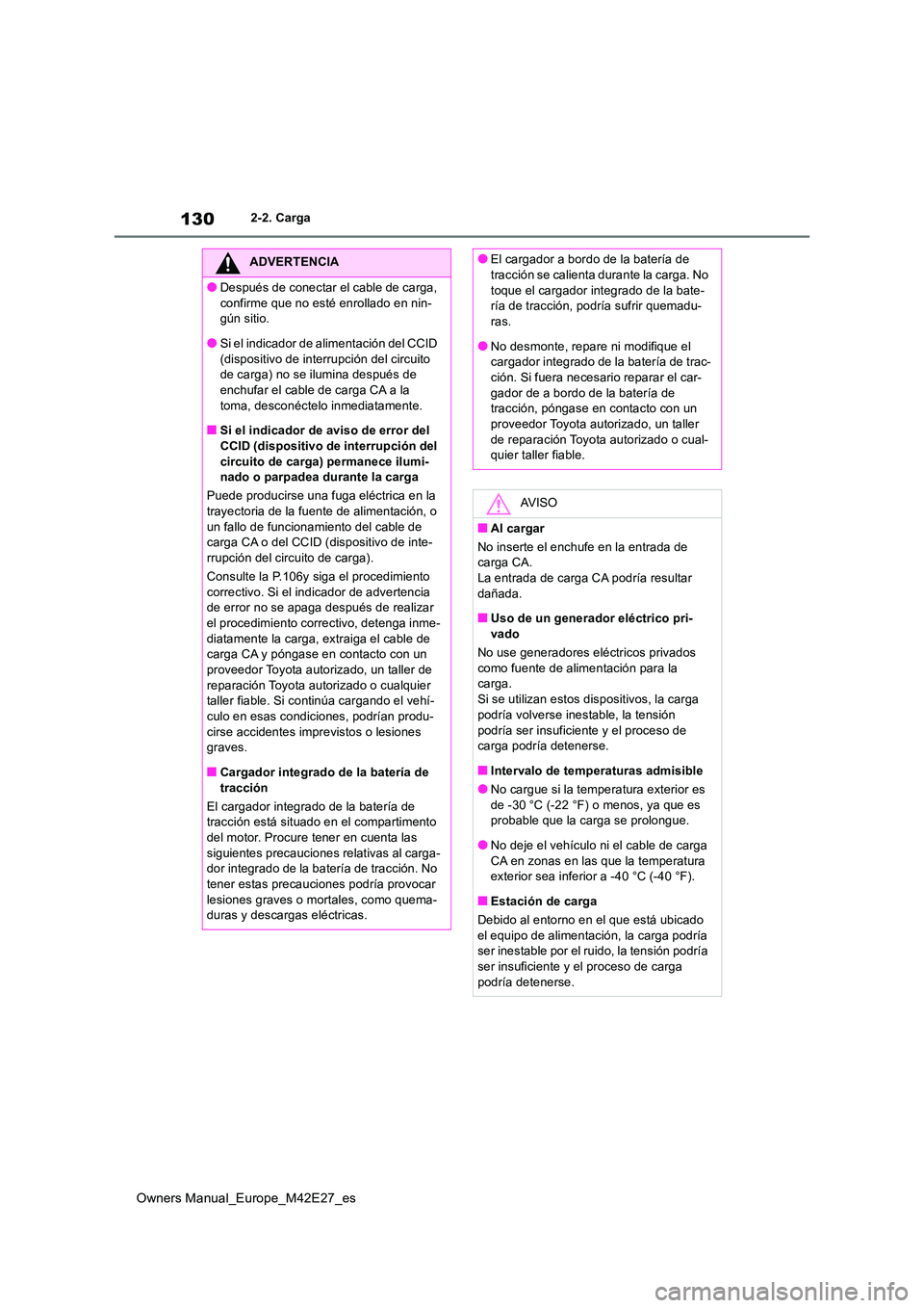 TOYOTA BZ4X 2022  Manuale de Empleo (in Spanish) 130
Owners Manual_Europe_M42E27_es
2-2. Carga
ADVERTENCIA
●Después de conectar el cable de carga,  
confirme que no esté enrollado en nin- gún sitio.
●Si el indicador de alimentación del CCID 