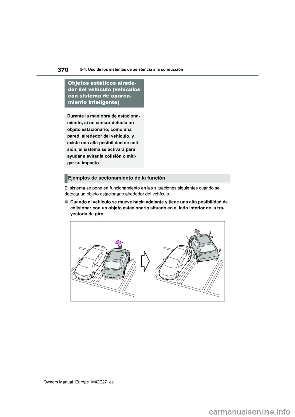 TOYOTA BZ4X 2022 Manuale de Empleo (in Spanish) 370
Owners Manual_Europe_M42E27_es
5-4. Uso de los sistemas de asistencia a la conducción
El sistema se pone en funcionamiento en las situaciones siguientes cuando se
detecta un objeto estacionario TOYOTA BZ4X 2022 Manuale de Empleo (in Spanish) 370
Owners Manual_Europe_M42E27_es
5-4. Uso de los sistemas de asistencia a la conducción
El sistema se pone en funcionamiento en las situaciones siguientes cuando se
detecta un objeto estacionario