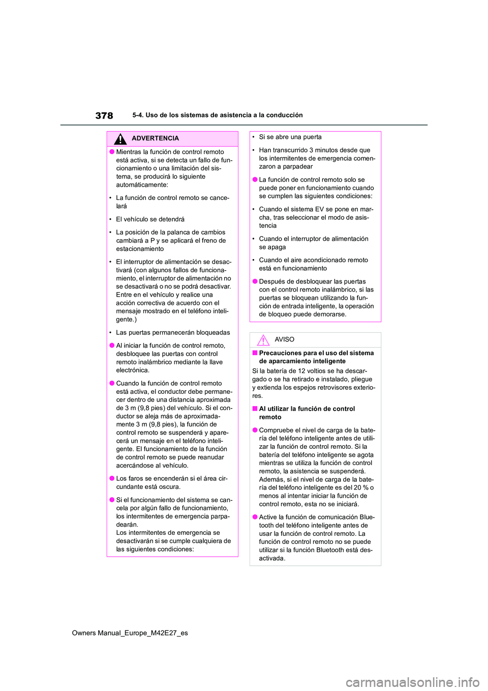 TOYOTA BZ4X 2022 Manuale de Empleo (in Spanish) 378
Owners Manual_Europe_M42E27_es
5-4. Uso de los sistemas de asistencia a la conducción
ADVERTENCIA
●Mientras la función de control remoto
está activa, si se detecta un fallo de fun- cionamie TOYOTA BZ4X 2022 Manuale de Empleo (in Spanish) 378
Owners Manual_Europe_M42E27_es
5-4. Uso de los sistemas de asistencia a la conducción
ADVERTENCIA
●Mientras la función de control remoto
está activa, si se detecta un fallo de fun- cionamie