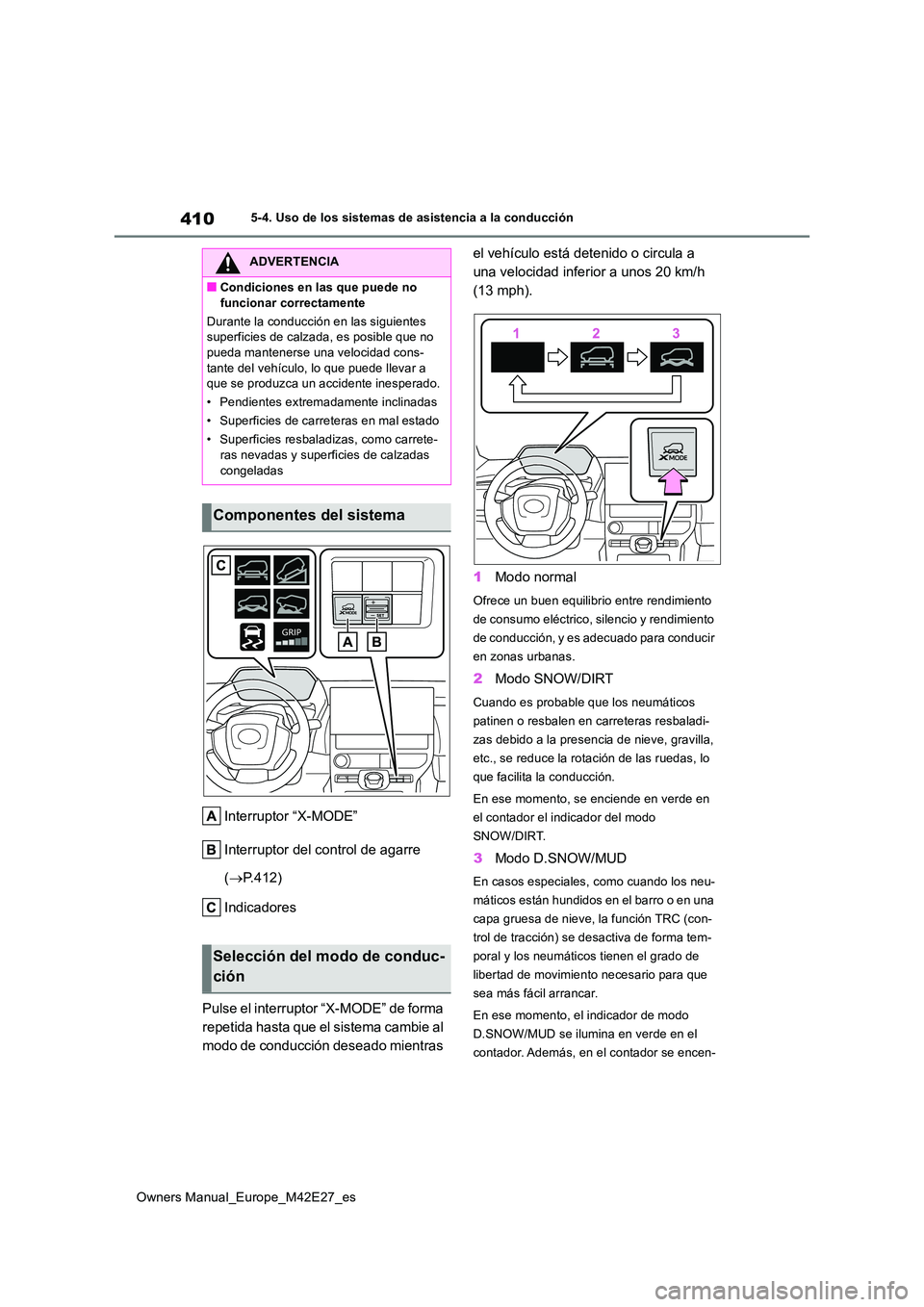TOYOTA BZ4X 2022  Manuale de Empleo (in Spanish) 410
Owners Manual_Europe_M42E27_es
5-4. Uso de los sistemas de asistencia a la conducción
Interruptor “X-MODE” 
Interruptor del control de agarre  
( P.412) 
Indicadores 
Pulse el interruptor 