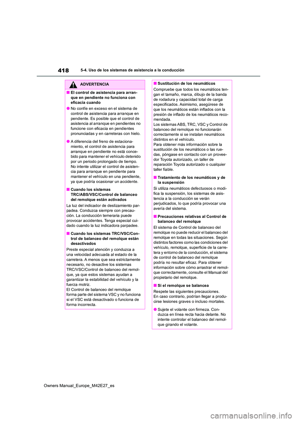TOYOTA BZ4X 2022  Manuale de Empleo (in Spanish) 418
Owners Manual_Europe_M42E27_es
5-4. Uso de los sistemas de asistencia a la conducción
ADVERTENCIA
■El control de asistencia para arran- 
que en pendiente no funciona con  eficacia cuando
●No 