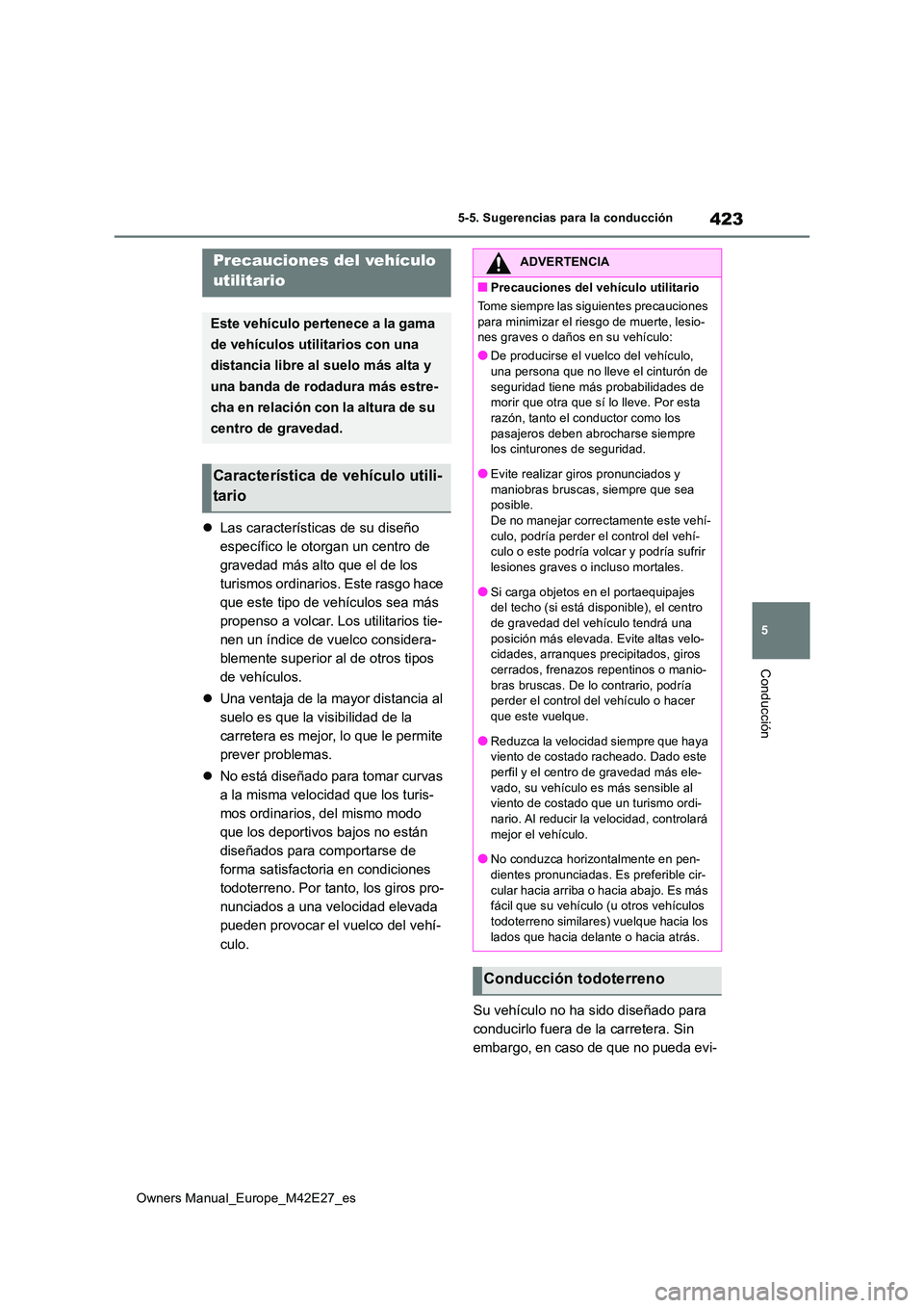 TOYOTA BZ4X 2022 Manuale de Empleo (in Spanish) 423
5
Owners Manual_Europe_M42E27_es
5-5. Sugerencias para la conducción
Conducción
Las características de su diseño
específico le otorgan un centro de
gravedad más alto que el de los
tur TOYOTA BZ4X 2022 Manuale de Empleo (in Spanish) 423
5
Owners Manual_Europe_M42E27_es
5-5. Sugerencias para la conducción
Conducción
Las características de su diseño
específico le otorgan un centro de
gravedad más alto que el de los
tur