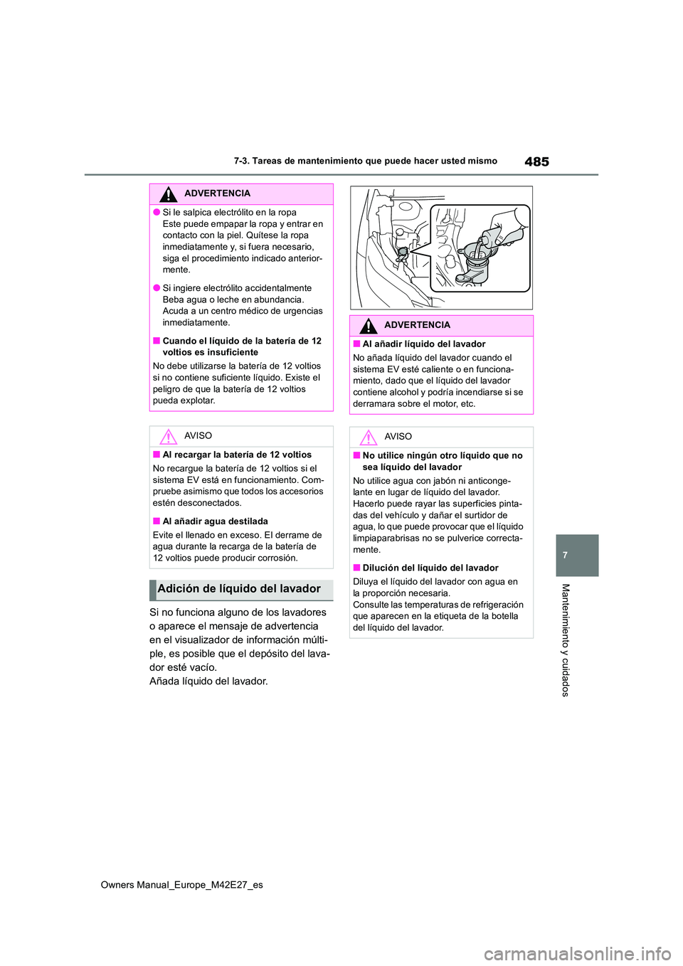 TOYOTA BZ4X 2022  Manuale de Empleo (in Spanish) 485
7
Owners Manual_Europe_M42E27_es
7-3. Tareas de mantenimiento que puede hacer usted mismo
Mantenimiento y cuidados
Si no funciona alguno de los lavadores  
o aparece el mensaje de advertencia 
en 