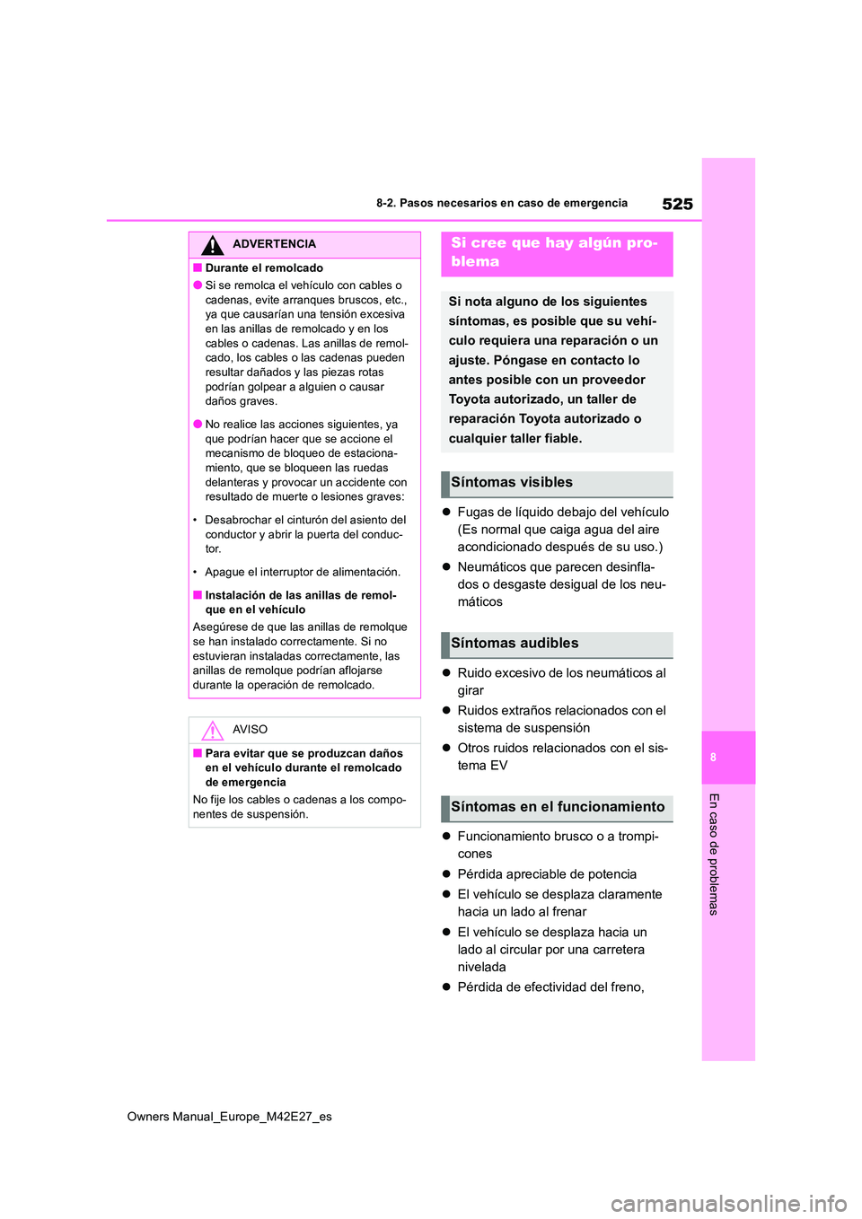 TOYOTA BZ4X 2022  Manuale de Empleo (in Spanish) 525
8
Owners Manual_Europe_M42E27_es
8-2. Pasos necesarios en caso de emergencia
En caso de problemas
Fugas de líquido debajo del vehículo 
(Es normal que caiga agua del aire 
acondicionado despu