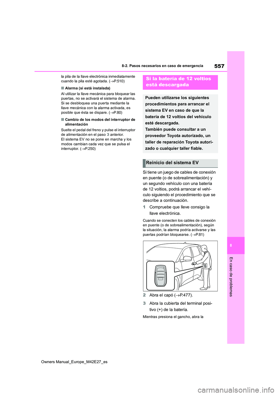 TOYOTA BZ4X 2022  Manuale de Empleo (in Spanish) 557
8
Owners Manual_Europe_M42E27_es
8-2. Pasos necesarios en caso de emergencia
En caso de problemas
la pila de la llave electrónica inmediatamente  cuando la pila esté agotada. ( P.510)
■Alar