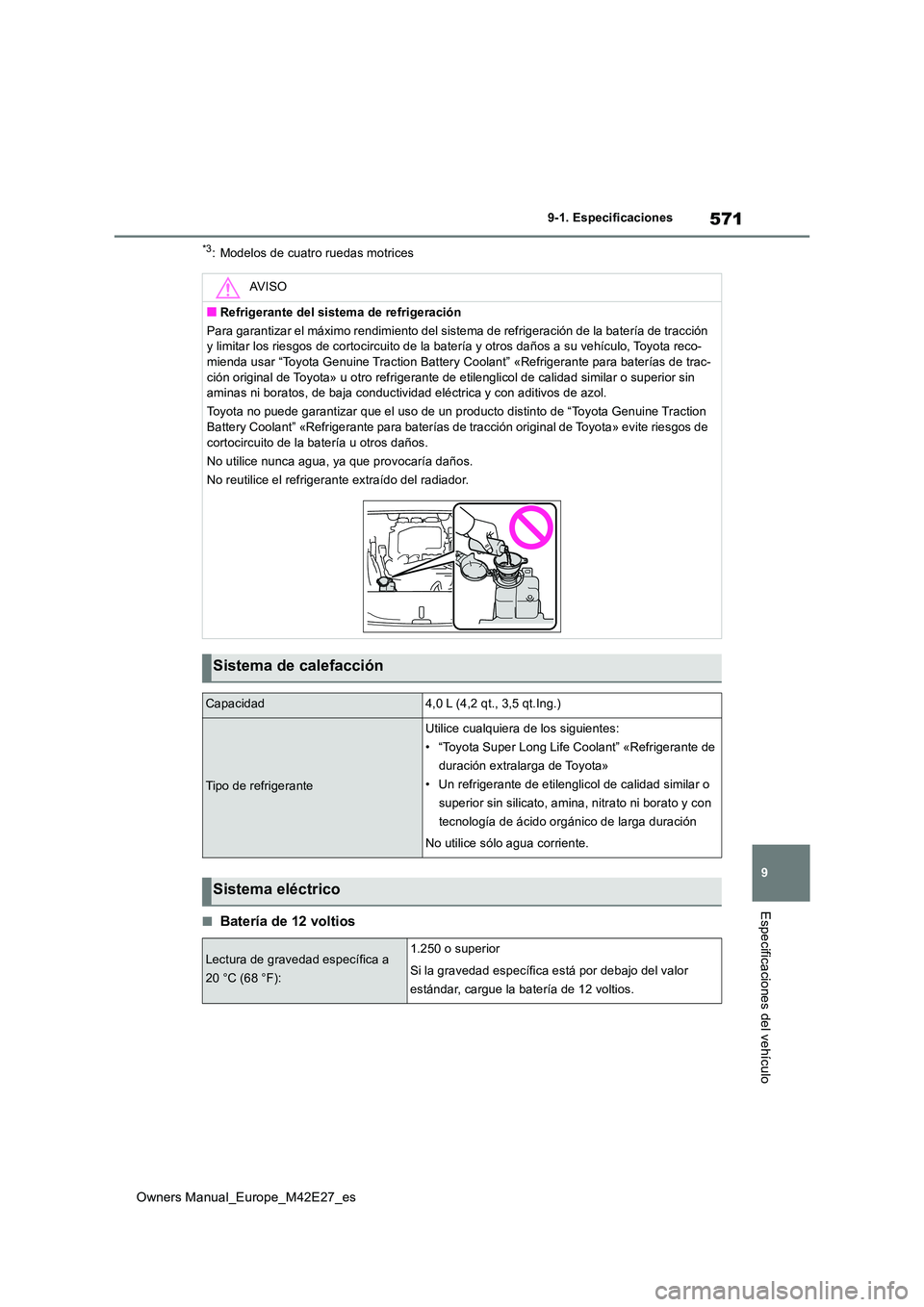 TOYOTA BZ4X 2022 Manuale de Empleo (in Spanish) 571
9
Owners Manual_Europe_M42E27_es
9-1. Especificaciones
Especificaciones del vehículo
*3: Modelos de cuatro ruedas motrices
■Batería de 12 voltios
AV I S O
■Refrigerante del sistema de refrig TOYOTA BZ4X 2022 Manuale de Empleo (in Spanish) 571
9
Owners Manual_Europe_M42E27_es
9-1. Especificaciones
Especificaciones del vehículo
*3: Modelos de cuatro ruedas motrices
■Batería de 12 voltios
AV I S O
■Refrigerante del sistema de refrig