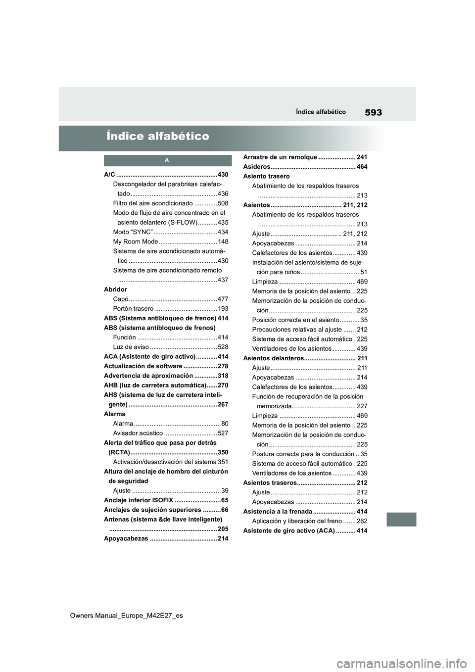 TOYOTA BZ4X 2022  Manuale de Empleo (in Spanish) 593
Owners Manual_Europe_M42E27_es
Índice alfabético
Índice alfabético
A
A/C .........................................................430 
Descongelador del parabrisas calefac-
tado ..............