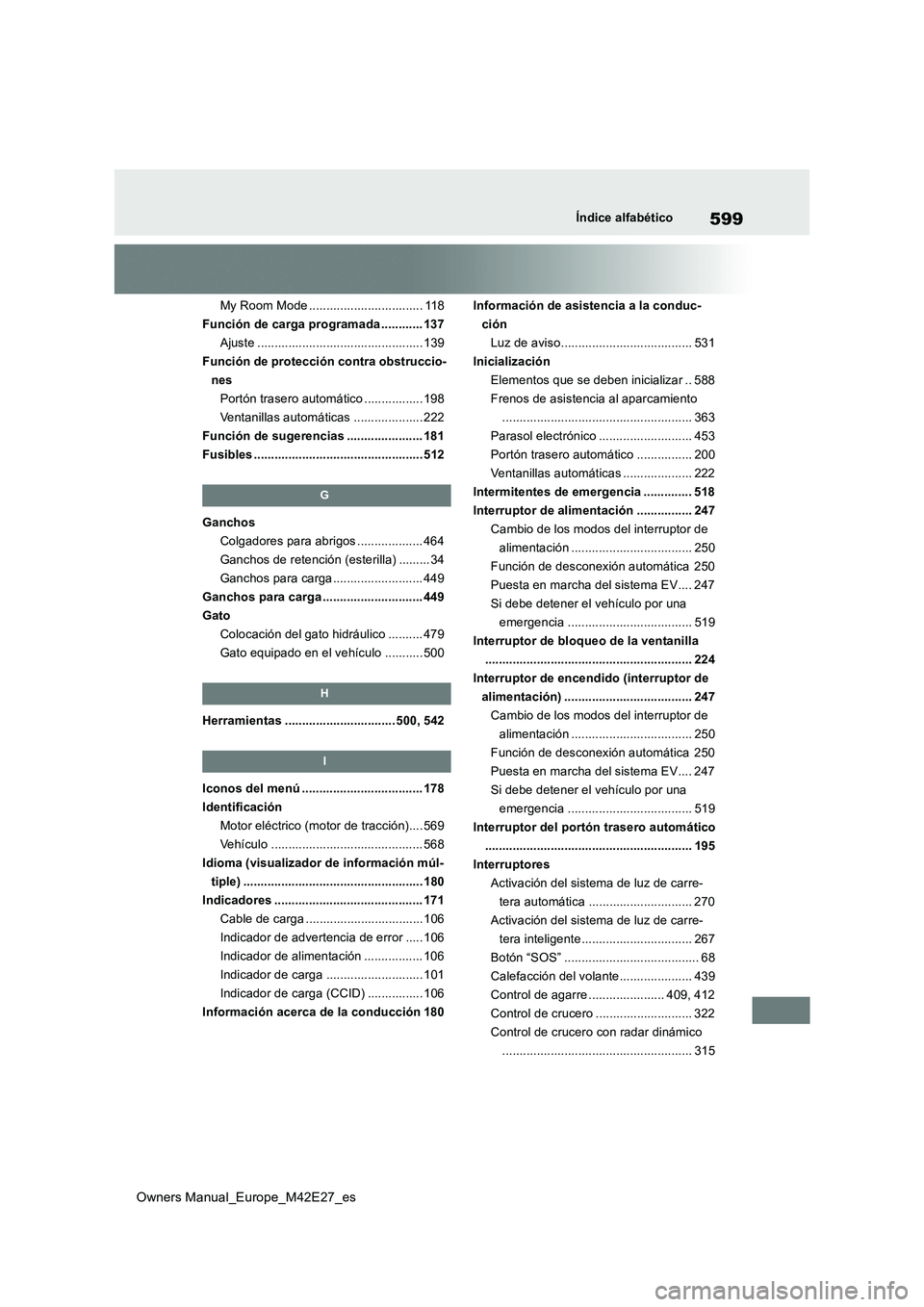TOYOTA BZ4X 2022  Manuale de Empleo (in Spanish) 599
Owners Manual_Europe_M42E27_es
Índice alfabético
My Room Mode ................................. 118 
Función de carga programada ............ 137
Ajuste ........................................