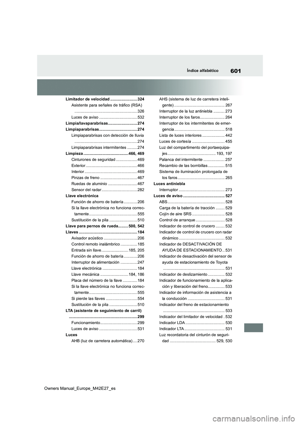 TOYOTA BZ4X 2022  Manuale de Empleo (in Spanish) 601
Owners Manual_Europe_M42E27_es
Índice alfabético
Limitador de velocidad ........................ 324 
Asistente para señales de tráfico (RSA)
..................................................