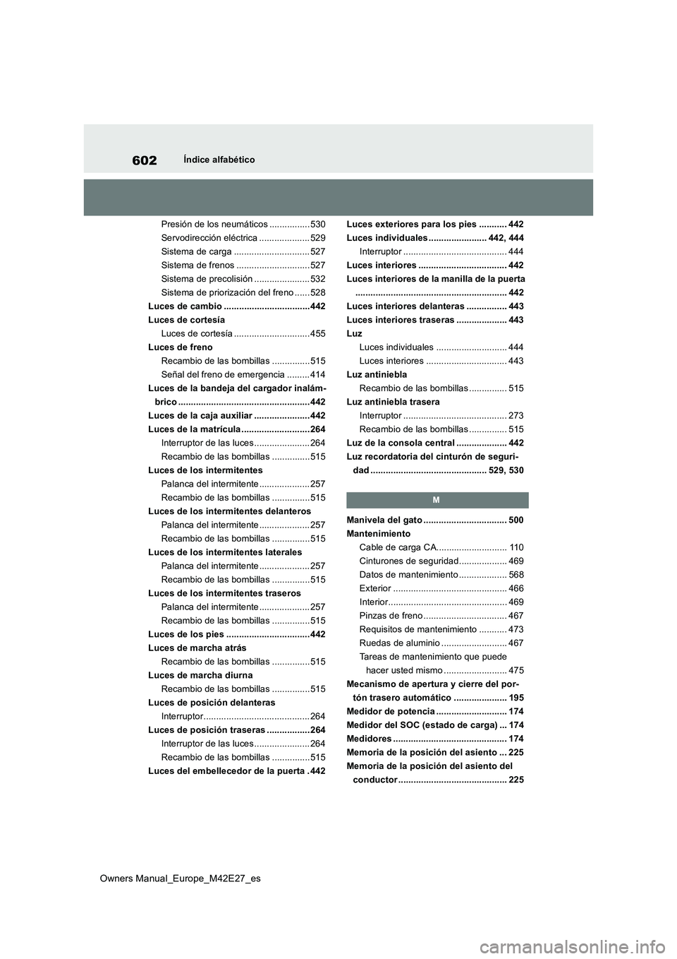 TOYOTA BZ4X 2022  Manuale de Empleo (in Spanish) 602
Owners Manual_Europe_M42E27_es
Índice alfabético 
Presión de los neumáticos ................ 530 
Servodirección eléctrica .................... 529
Sistema de carga .........................